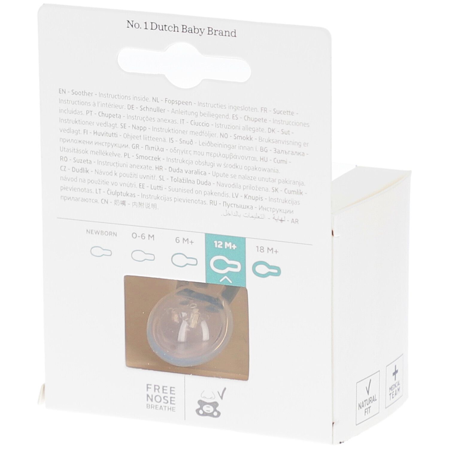 Dos de l'emballage. Visible : "No. 1 Dutch Baby Brand", indications d'âge, sucette.