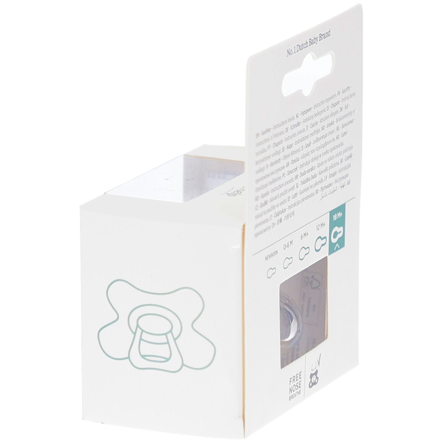 Dos de l'emballage avec informations. Une sucette est visible à travers une fenêtre.