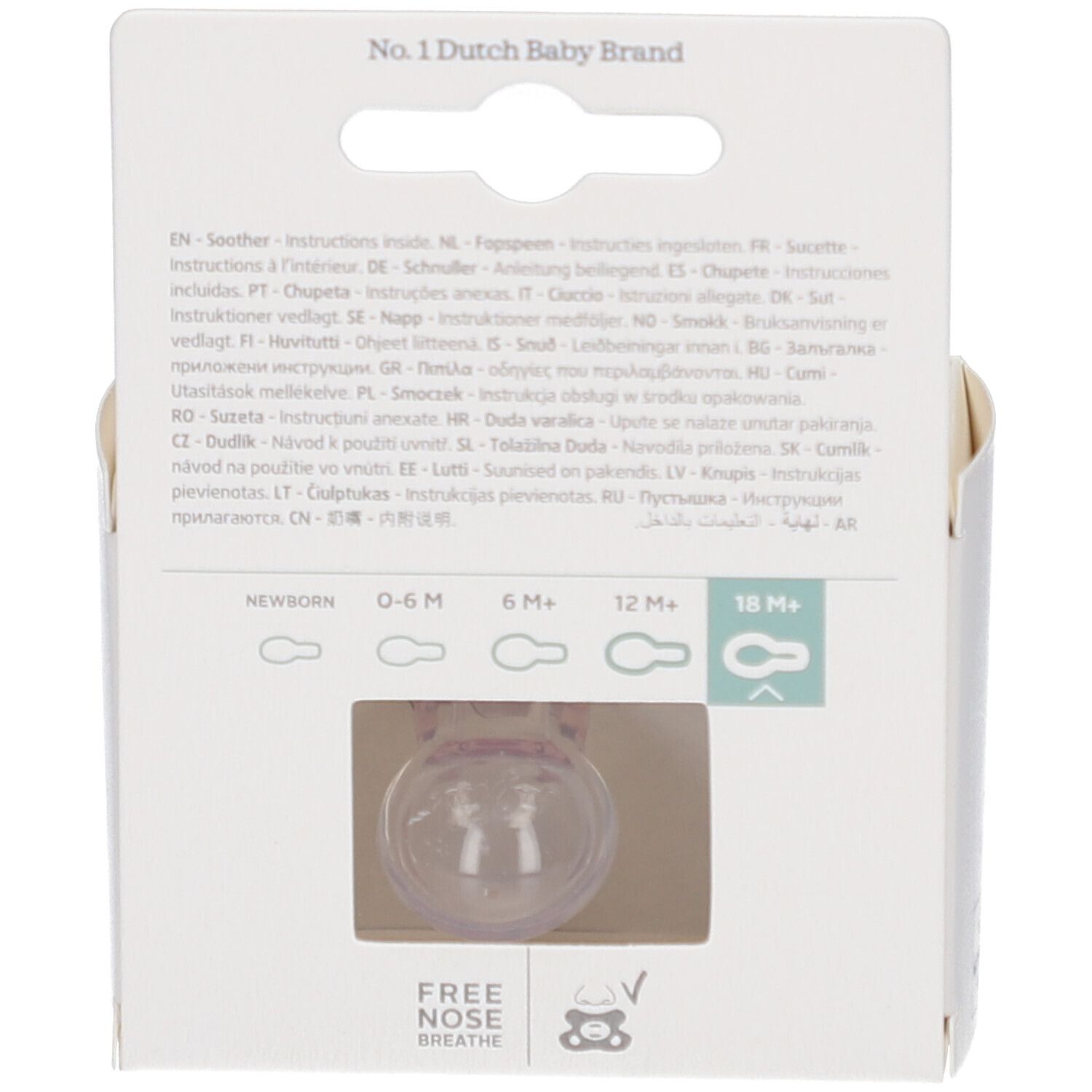Arrière de l'emballage de sucette Difrax avec indications de taille et instructions.