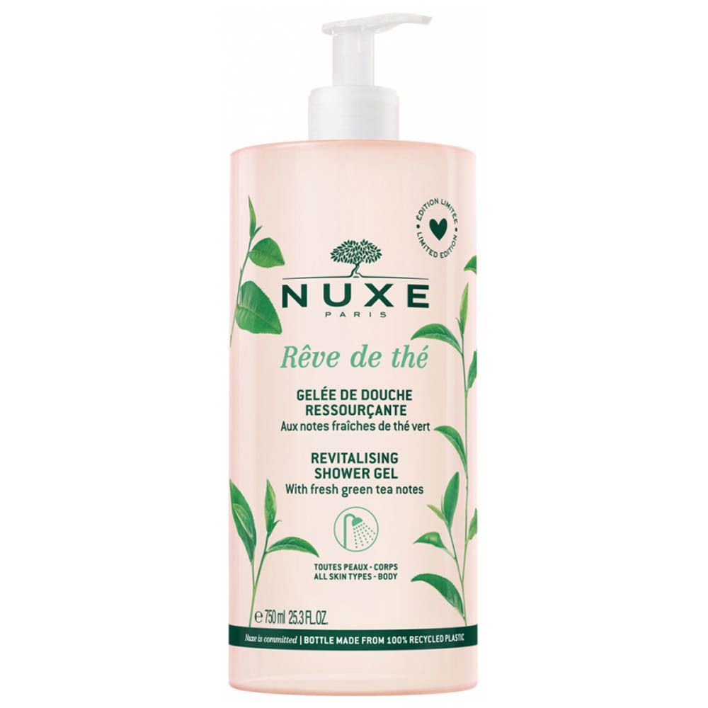 Gel douche Nuxe Body Rêve de Thé. Flacon transparent, liquide rose, bouchon pompe. Décor de feuilles de thé vert.