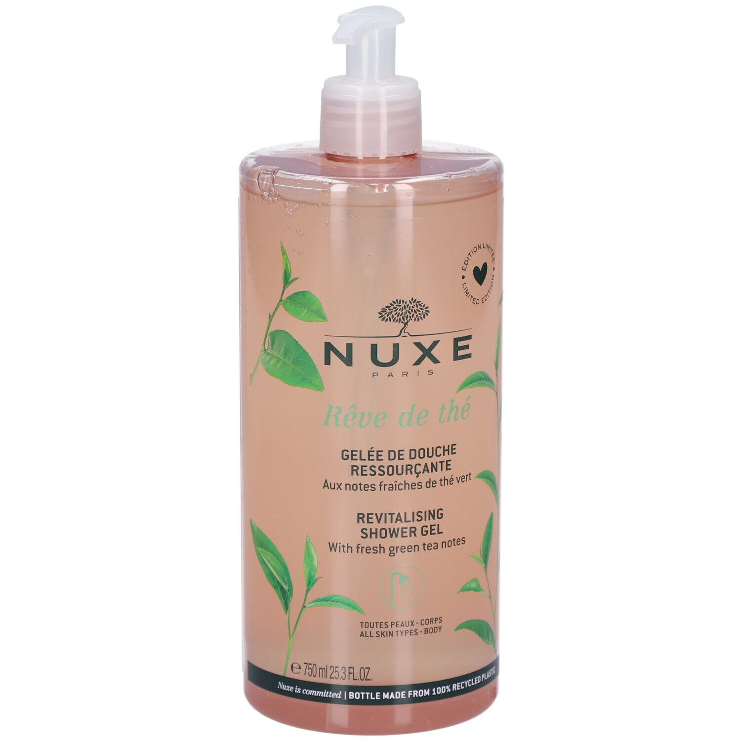 Nuxe Body Rêve de Thé Duschgel. Transparente Flasche mit rosa Flüssigkeit und Pumpverschluss. Grüntee-Blätter-Dekor.