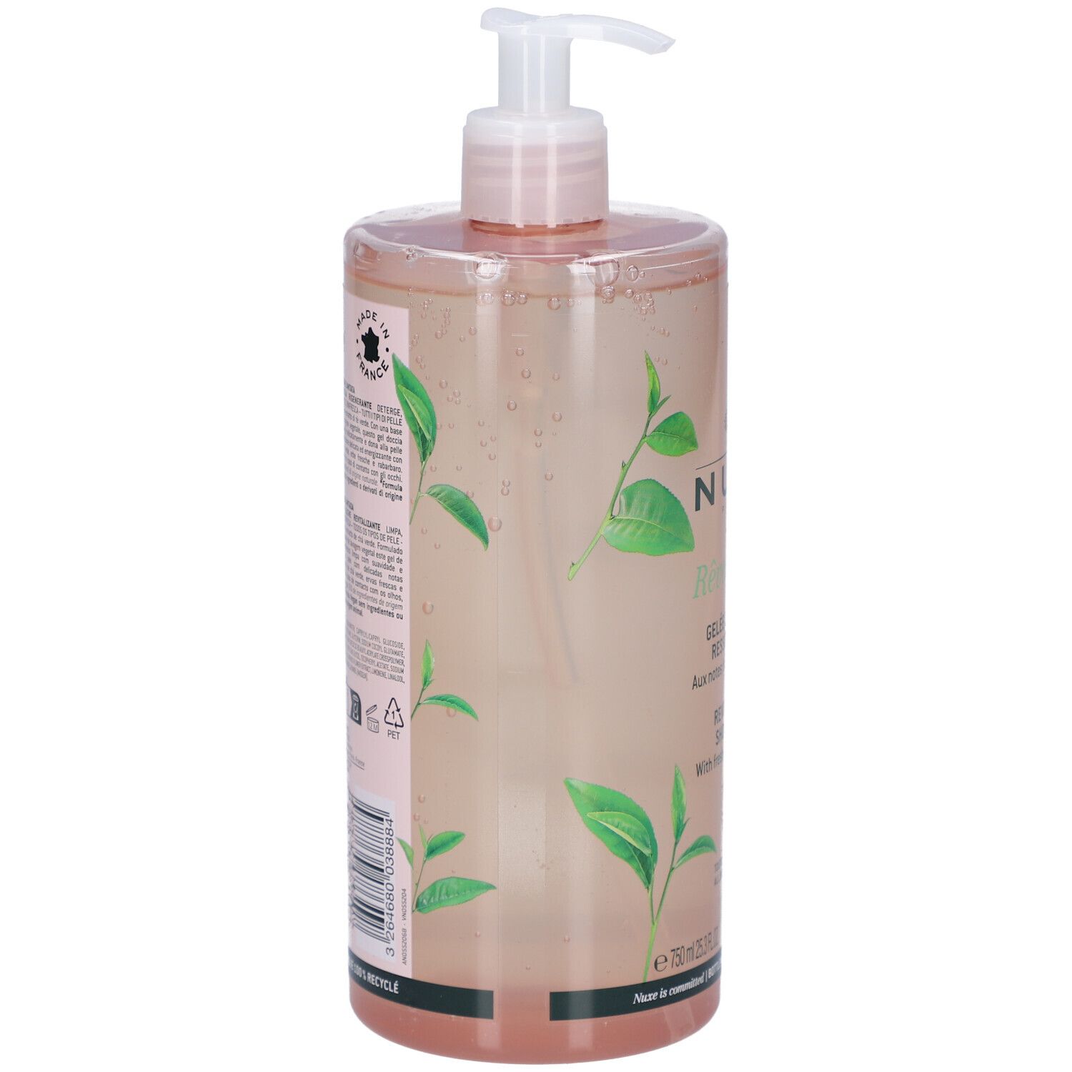 Nuxe Body Rêve de Thé Duschgel. Transparente Flasche mit rosa Flüssigkeit. Grüntee-Blätter-Dekor. Pumpverschluss.