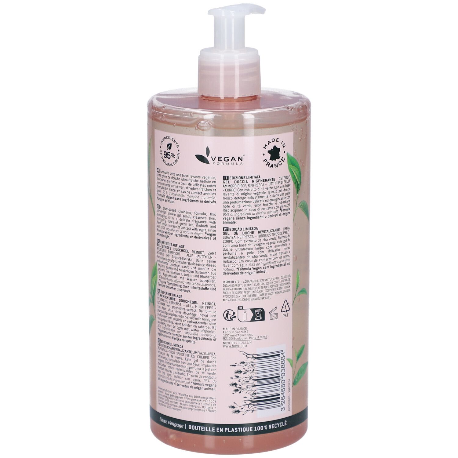 Nuxe Body Rêve de Thé Duschgel. Rückseite der Flasche. Text und Logos. Vegan-Zertifizierung. Grüntee-Blätter-Dekor.