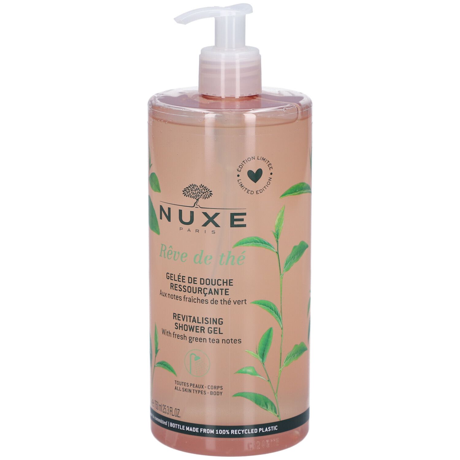 Nuxe Body Rêve de Thé Duschgel. Transparente Flasche mit rosa Flüssigkeit und Pumpverschluss. Grüntee-Blätter-Dekor.