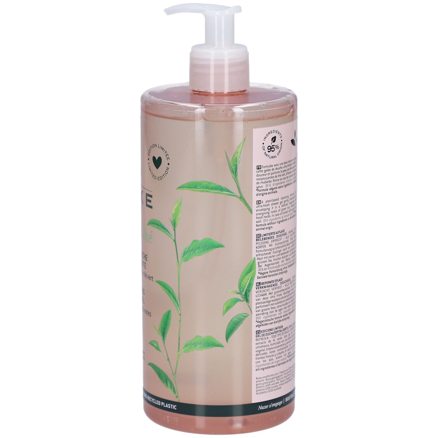 Nuxe Body Rêve de Thé Duschgel. Rückseite der Flasche. Text und Logos. Vegan-Zertifizierung. Grüntee-Blätter-Dekor.