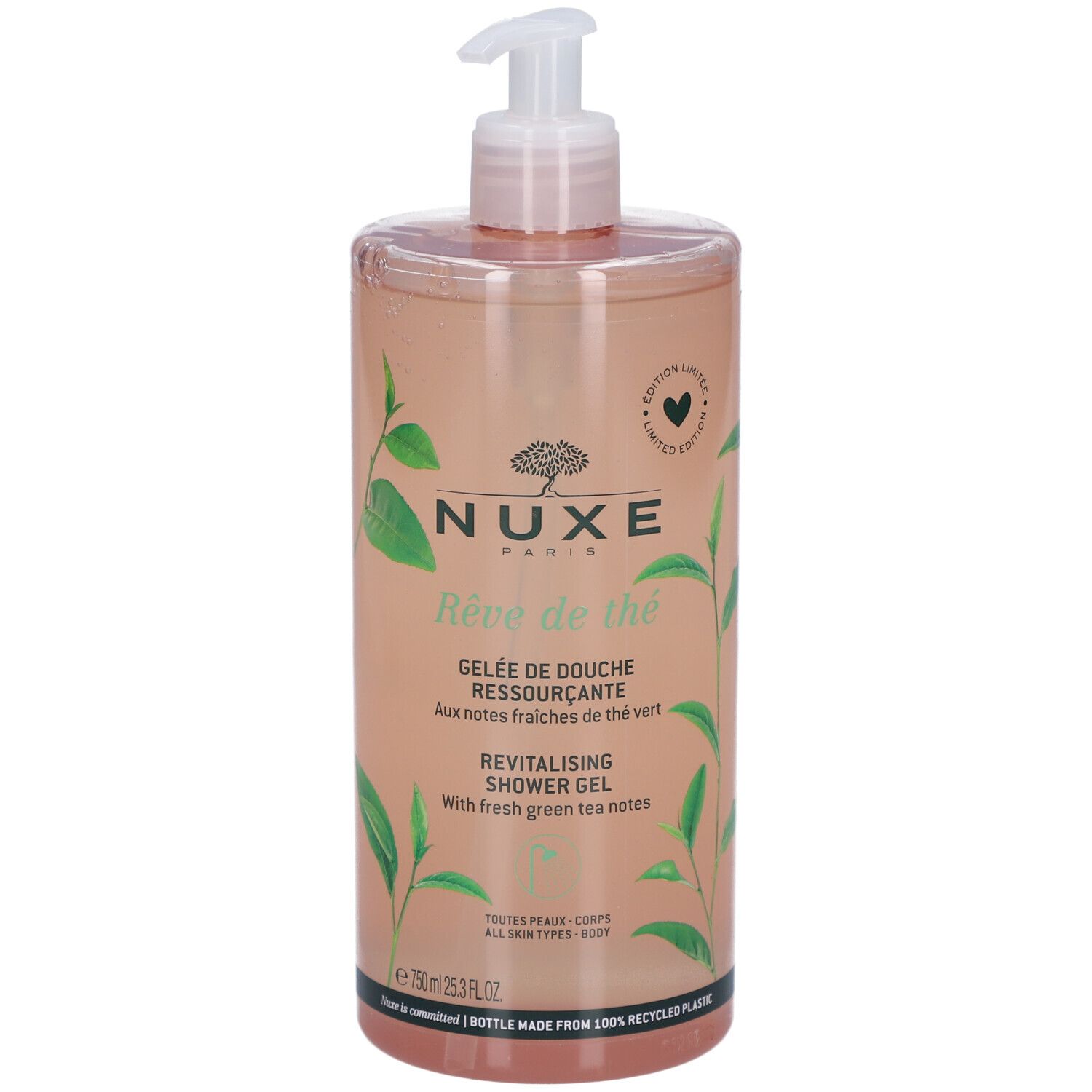 Nuxe Body Rêve de Thé Duschgel. Transparente Flasche mit rosa Flüssigkeit und Pumpverschluss. Grüntee-Blätter-Dekor.
