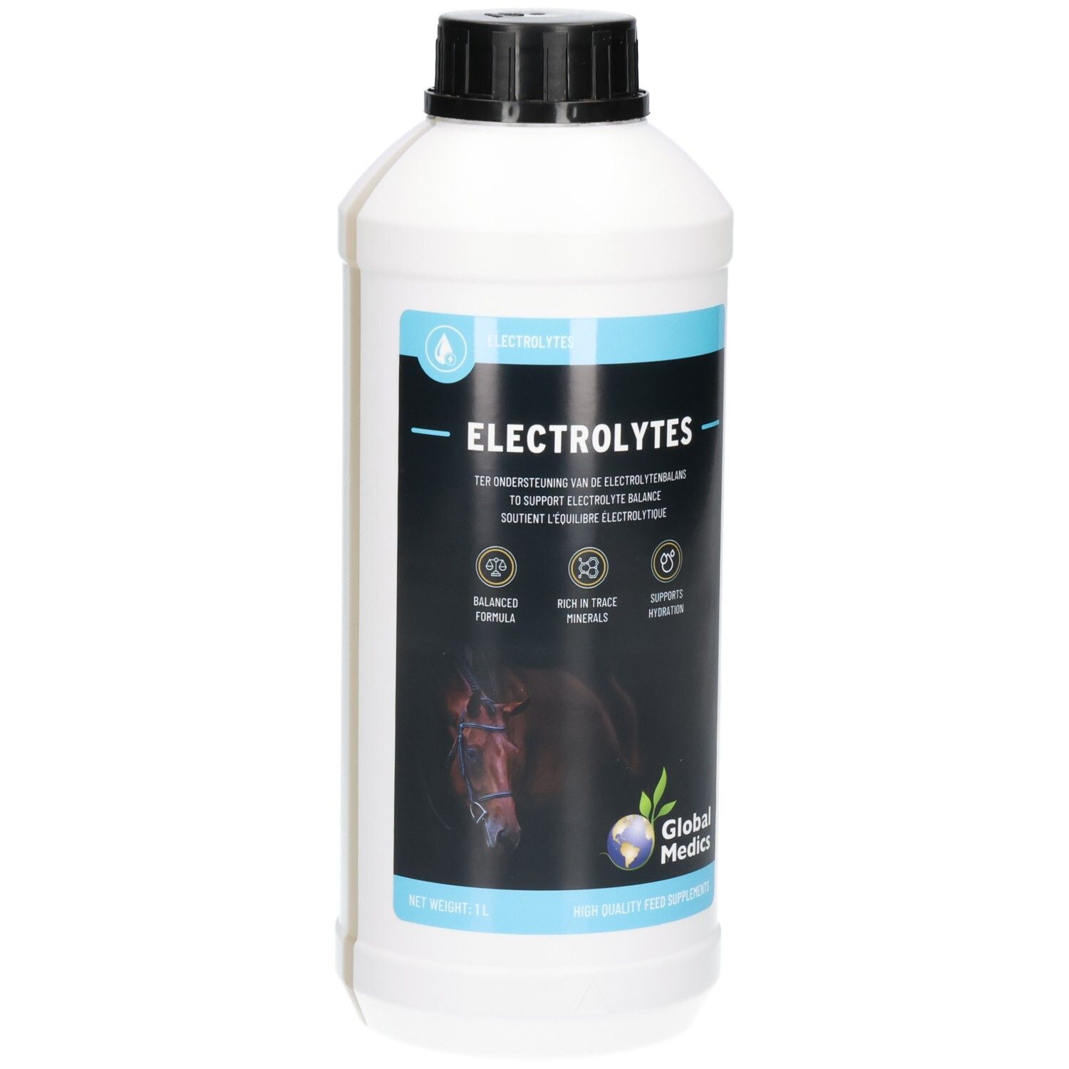 Weiße 1L Flasche mit schwarzem Deckel. Etikett mit 'ELECTROLYTES' und einem Pferdekopf.