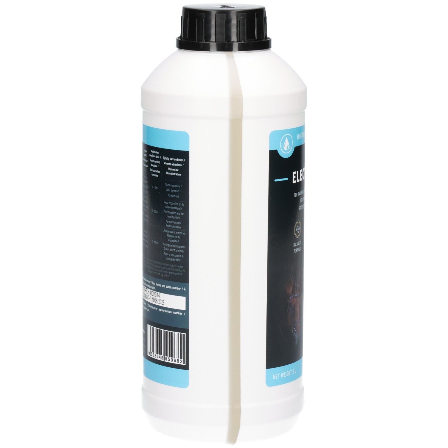 Seitenansicht einer weißen 1L Flasche mit schwarzem Deckel. Etikett mit Produktinformationen.
