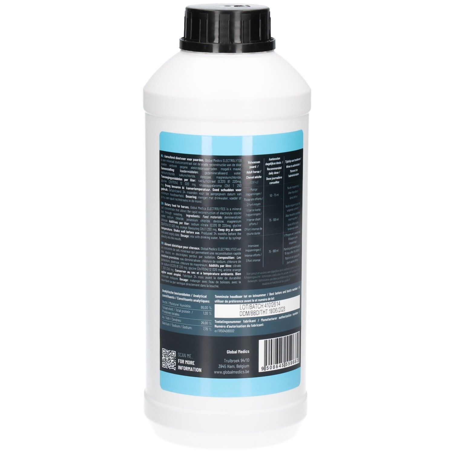 Rückseite einer weißen 1L Flasche. Etikett mit detaillierten Produktinformationen und Barcode.