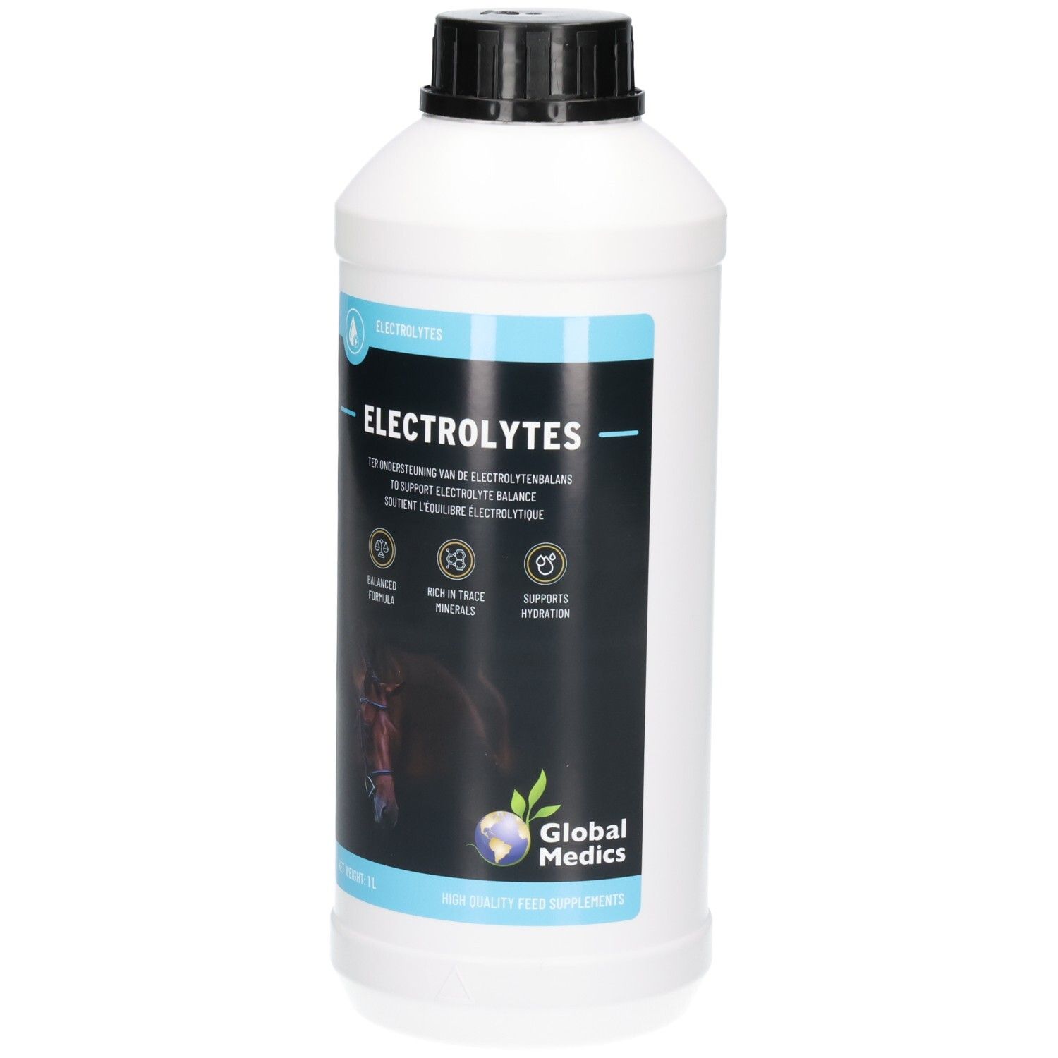 Weiße 1L Flasche mit schwarzem Deckel. Etikett mit 'ELECTROLYTES' und einem Pferdekopf.
