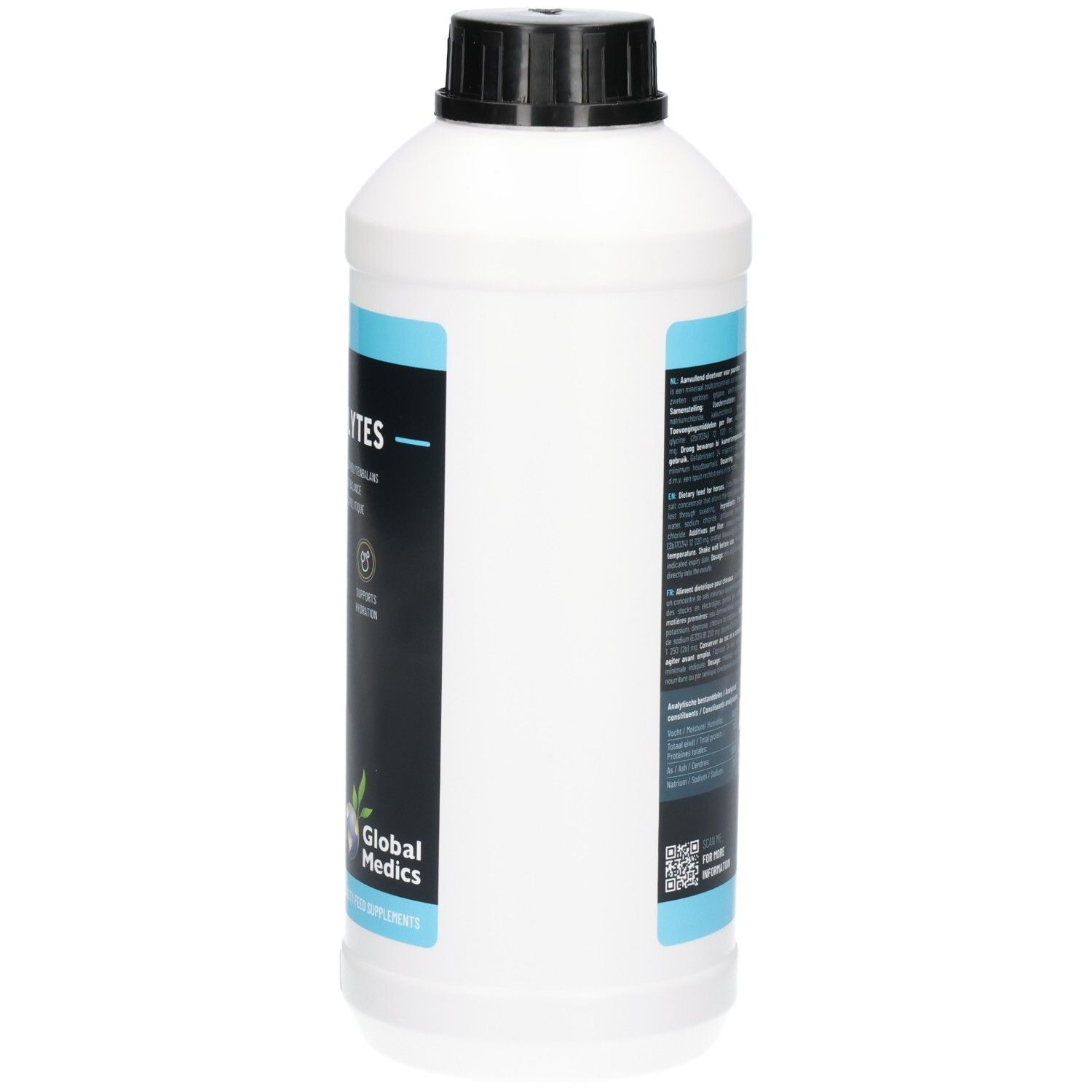 Seitenansicht einer weißen 1L Flasche mit schwarzem Deckel. Etikett mit Produktinformationen.