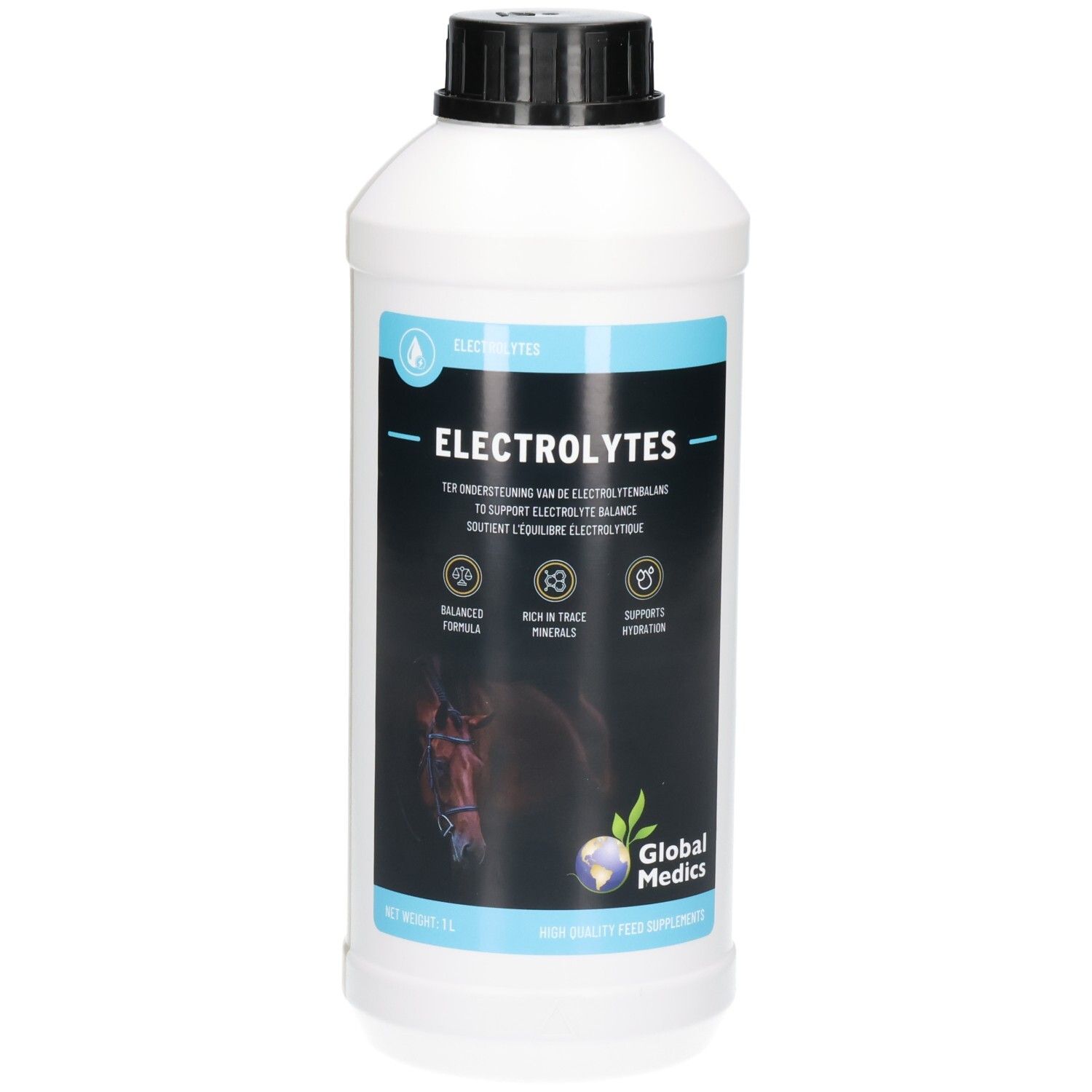 Weiße 1L Flasche mit schwarzem Deckel. Etikett mit 'ELECTROLYTES' und einem Pferdekopf.