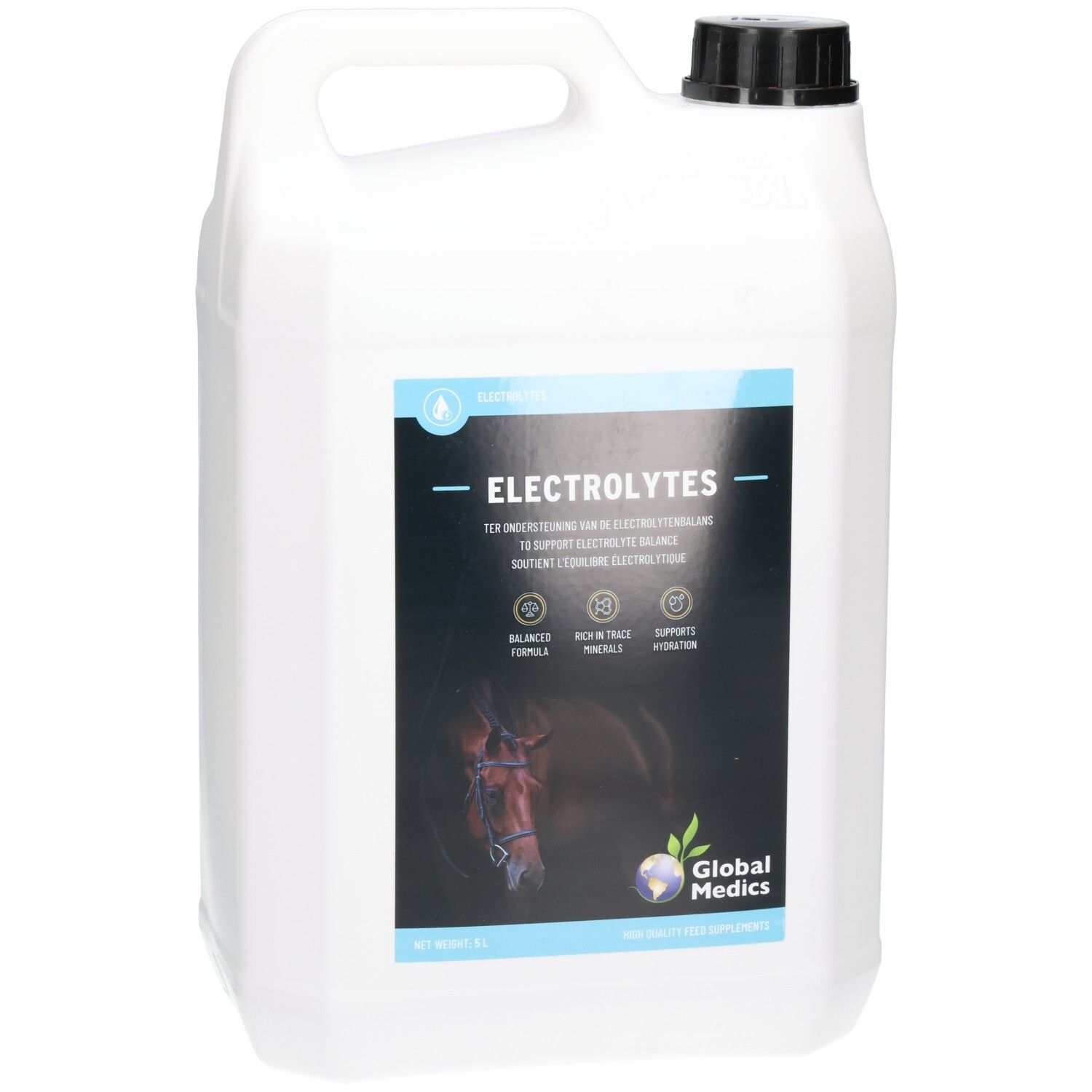 Seitenansicht eines weißen Kanisters mit schwarzem Deckel, Etikett mit "ELECTROLYTES".