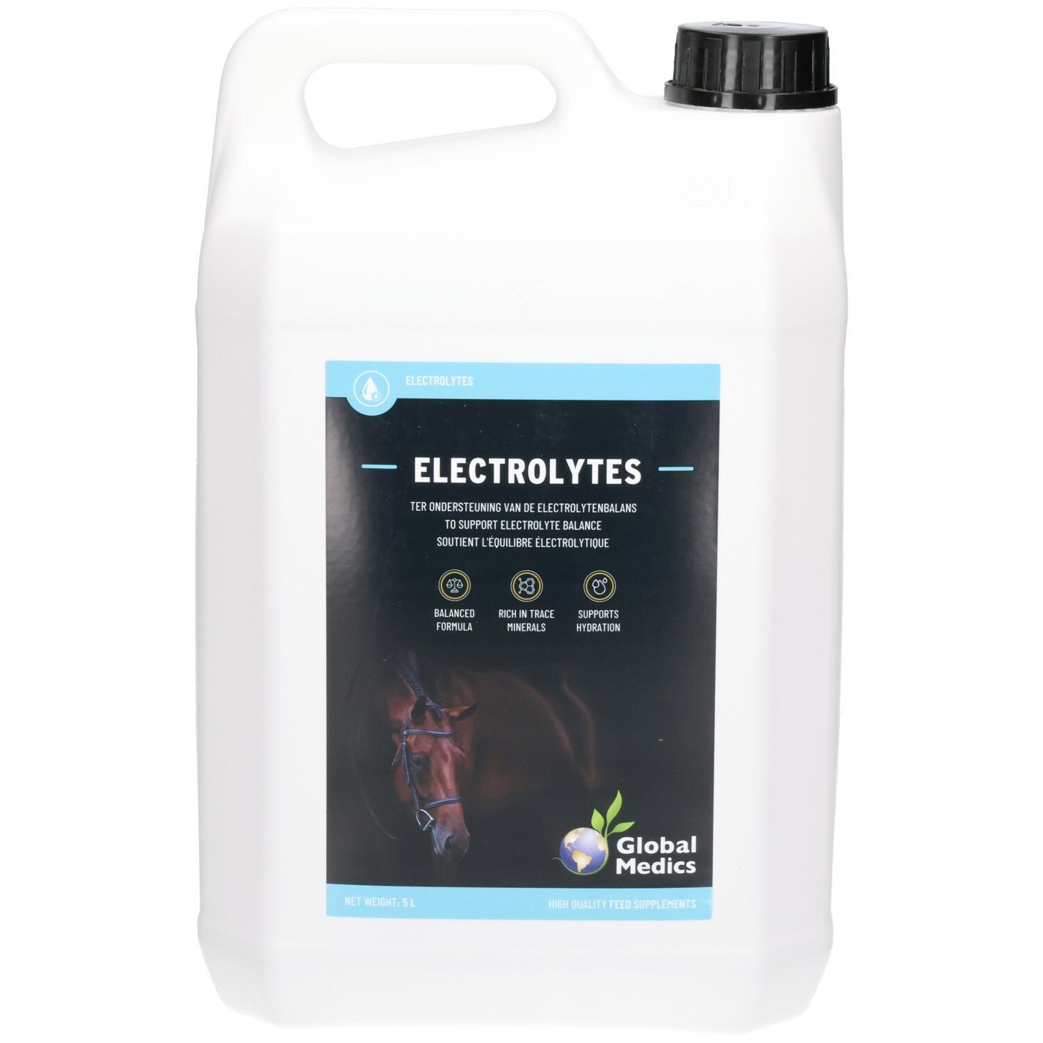 Großer weißer Kanister mit schwarzem Deckel, Etikett mit der Aufschrift "ELECTROLYTES" und einem Pferdekopf.
