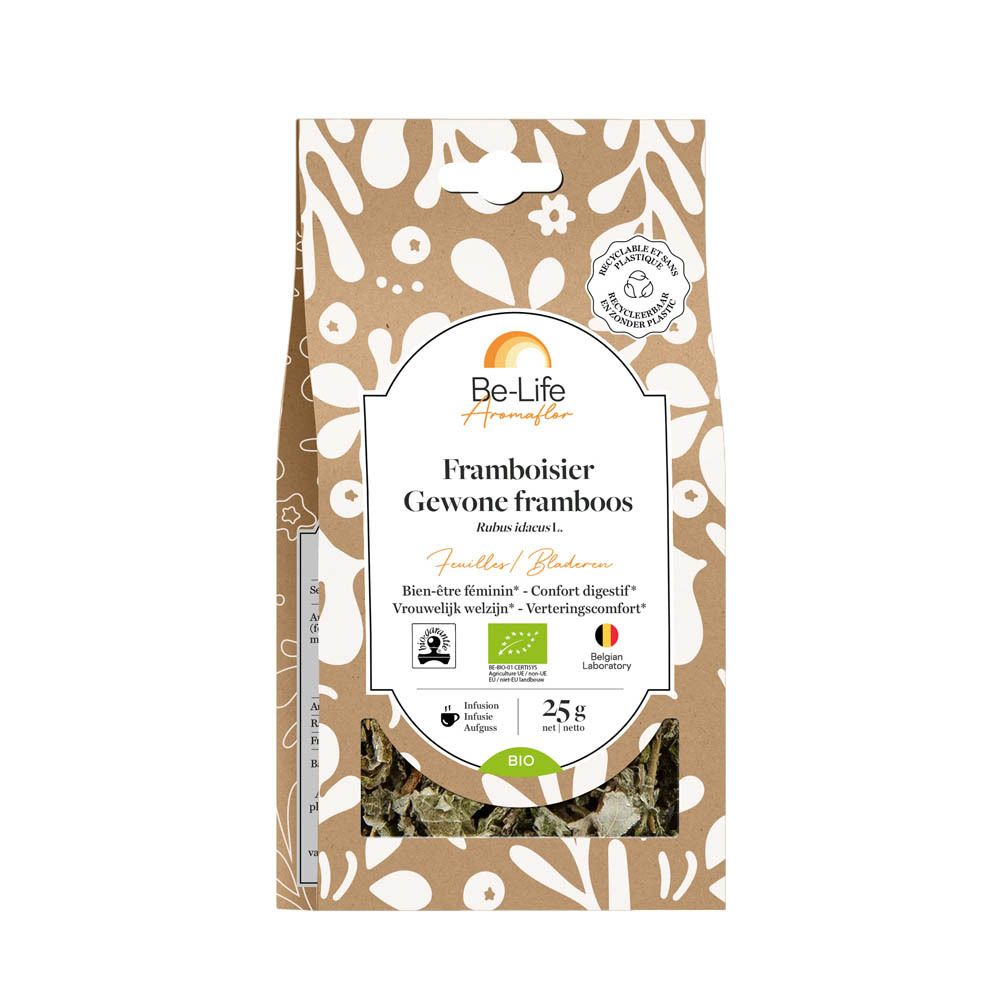 Be-Life Aromaflor Gewone framboos. Emballage en papier brun. Texte: Gewone framboos, 25g, label bio, Belgique.