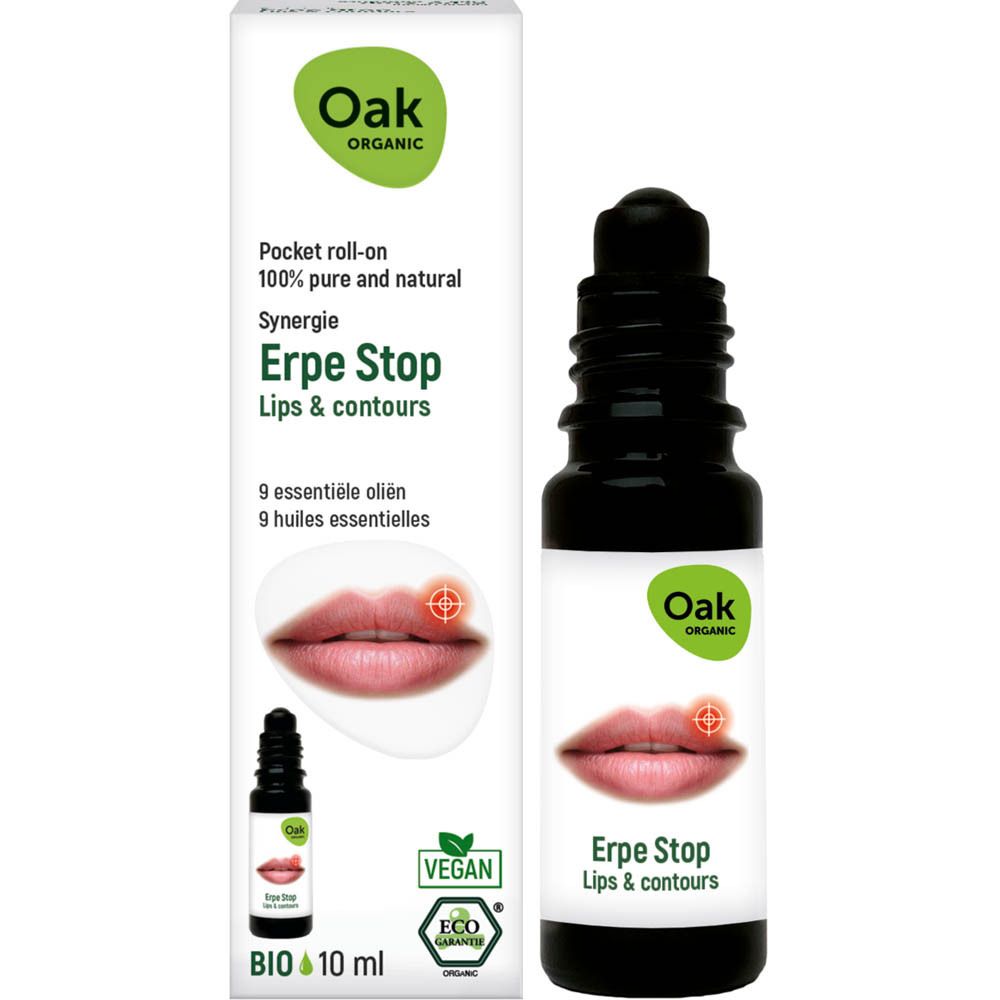 Emballage du produit et flacon roll-on. Emballage avec nom du produit, illustration et logo. Flacon à côté.