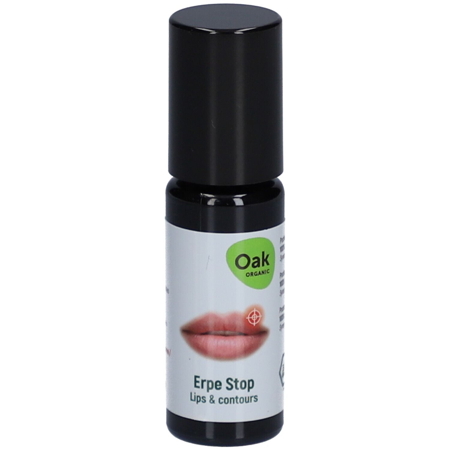 Roll-on-Flasche mit schwarzem Deckel. Aufkleber mit Produktnamen, Lippen-Illustration und Logo.