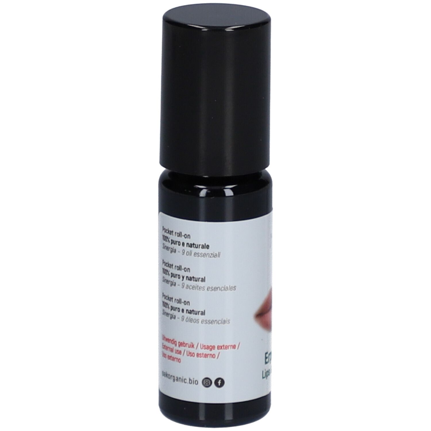 Rückseite der Roll-on-Flasche. Text in mehreren Sprachen. Logo und Kontaktinformationen.