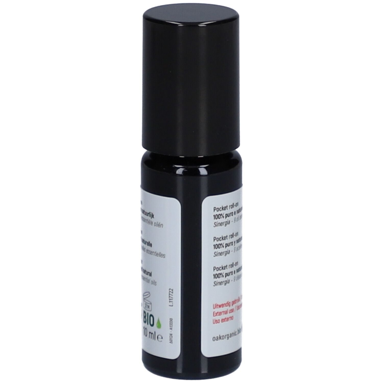 Rückseite der Roll-on-Flasche. Text in mehreren Sprachen. Logo und Kontaktinformationen.