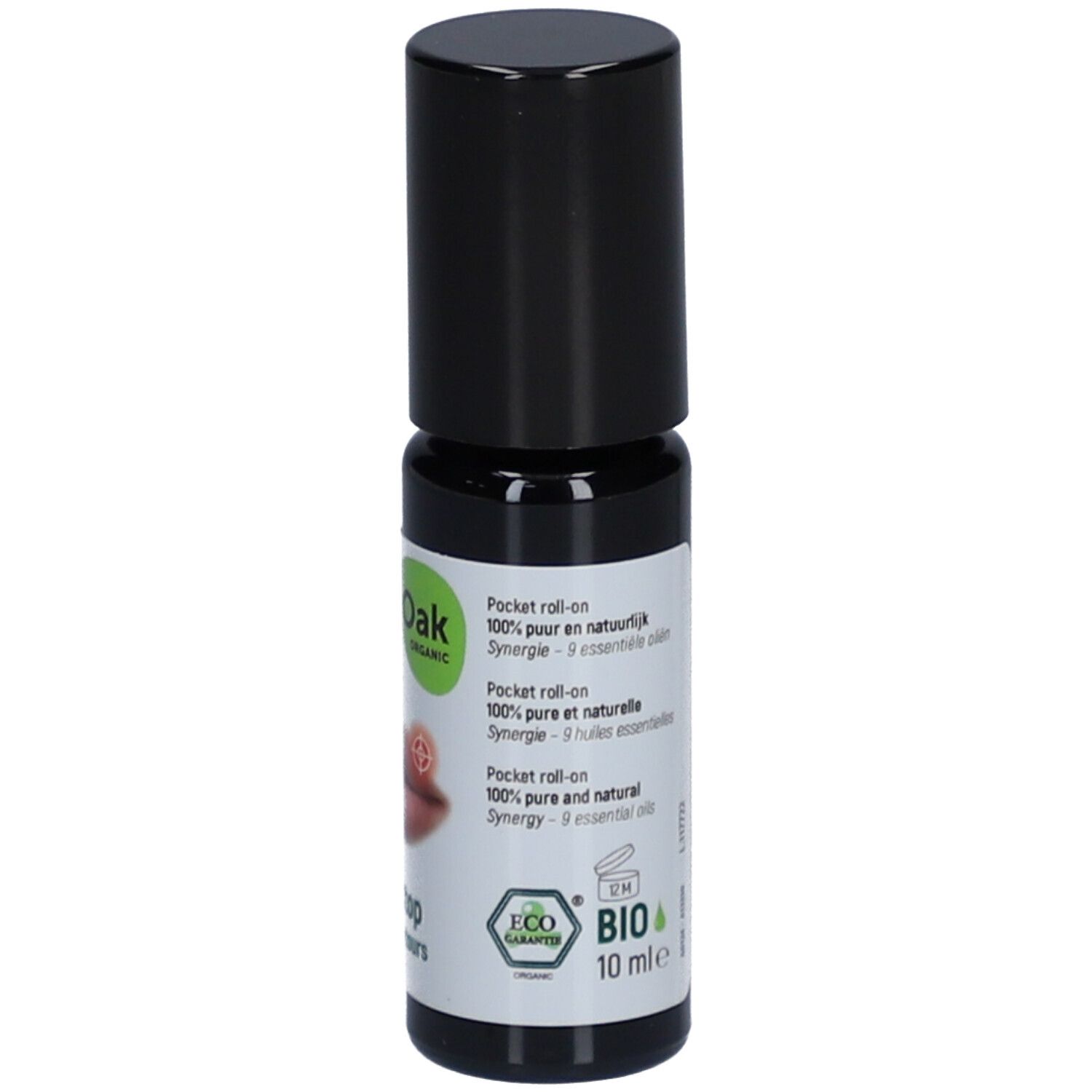Roll-on-Flasche mit schwarzem Deckel. Aufkleber mit Produktnamen, Lippen-Illustration, Logo und Zertifizierungen.