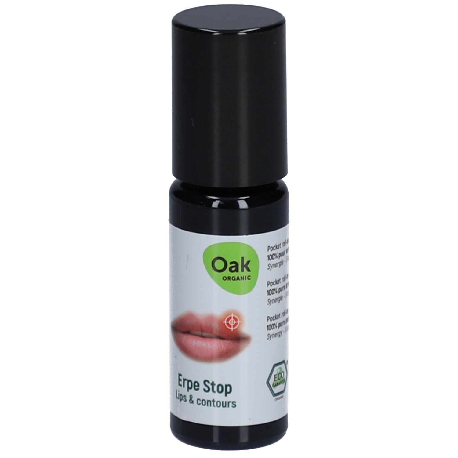 Roll-on-Flasche mit schwarzem Deckel. Aufkleber mit Produktnamen, Lippen-Illustration und Logo.