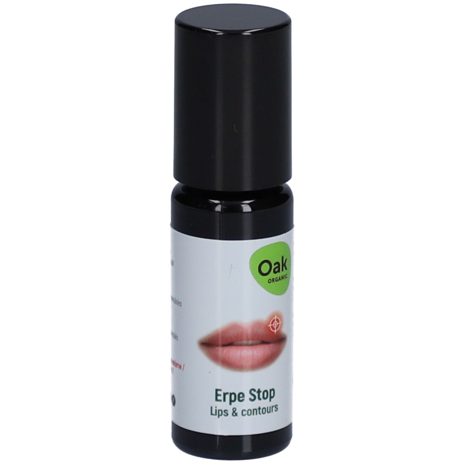 Roll-on-Flasche mit schwarzem Deckel. Aufkleber mit Produktnamen, Lippen-Illustration und Logo.