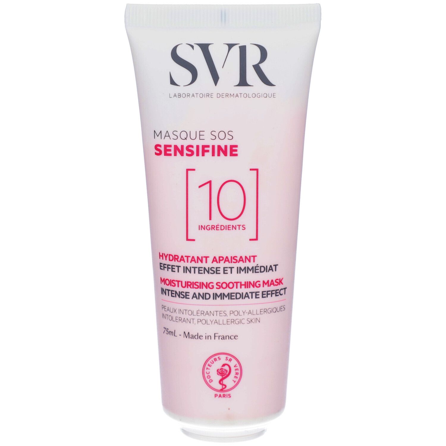 Weiße Tube mit rosa Akzenten. Aufschrift: SVR, Masque SOS Sensifine, 10 Ingredients. Text in Französisch und Englisch. 75ml.