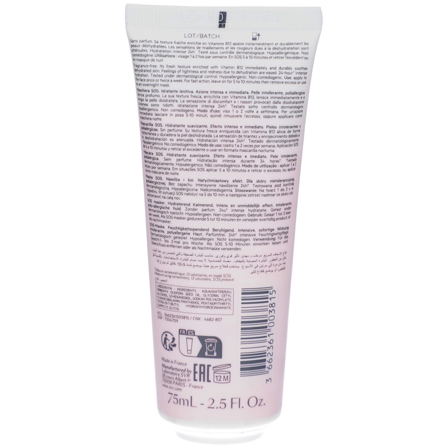 Rückseite einer weißen Tube mit rosa Akzenten. Text in mehreren Sprachen. Angaben zu Inhaltsstoffen und Hersteller. 75ml.