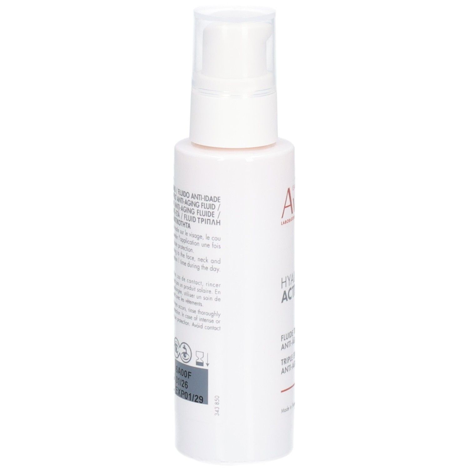Weiße Flasche mit Pumpverschluss. Text: Anti-Aging Fluid. Aufdruck: Avène, Hyaluron Activ UV.