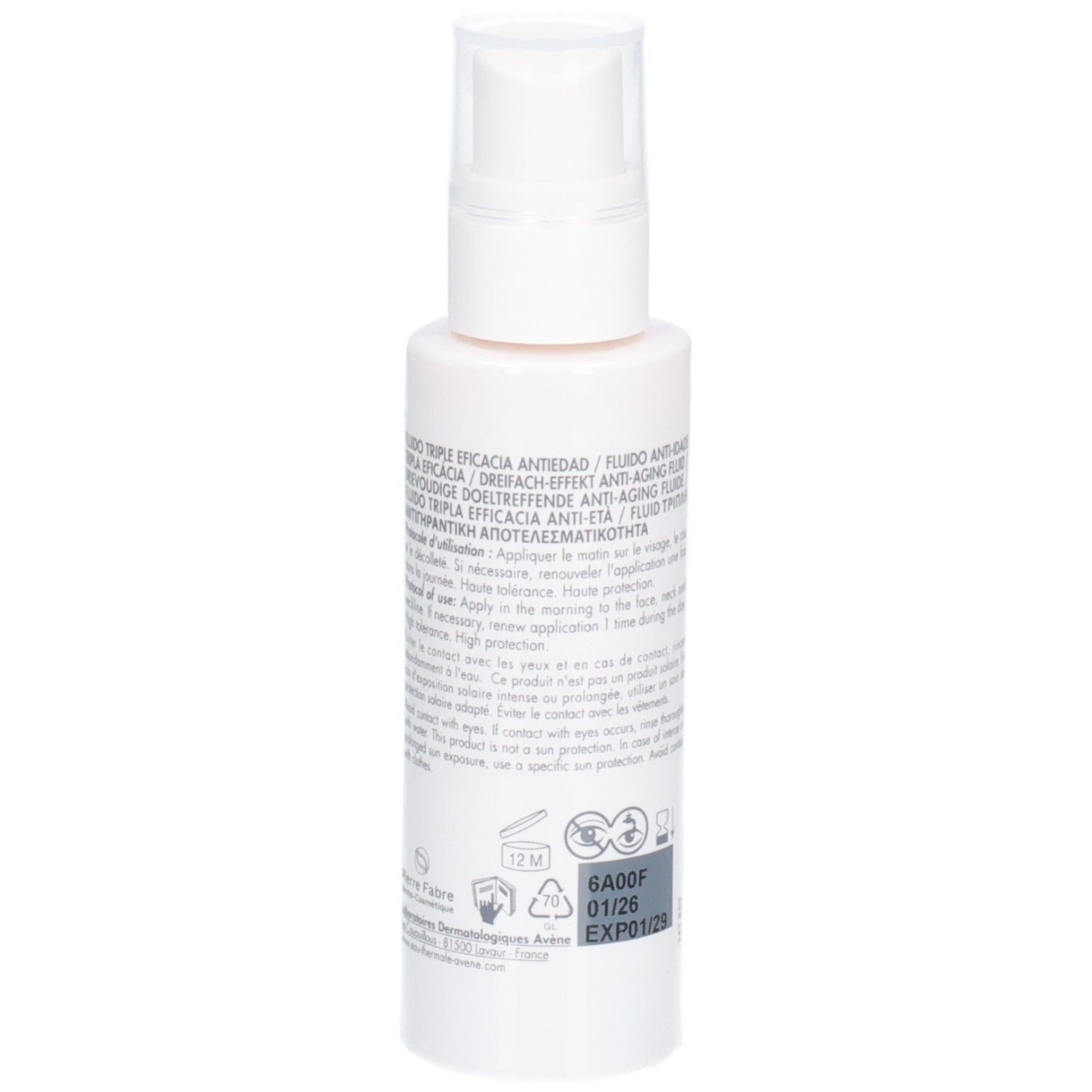 Rückseite der weißen Flasche. Text in mehreren Sprachen. Aufdruck: Produktionsdatum, Haltbarkeit.