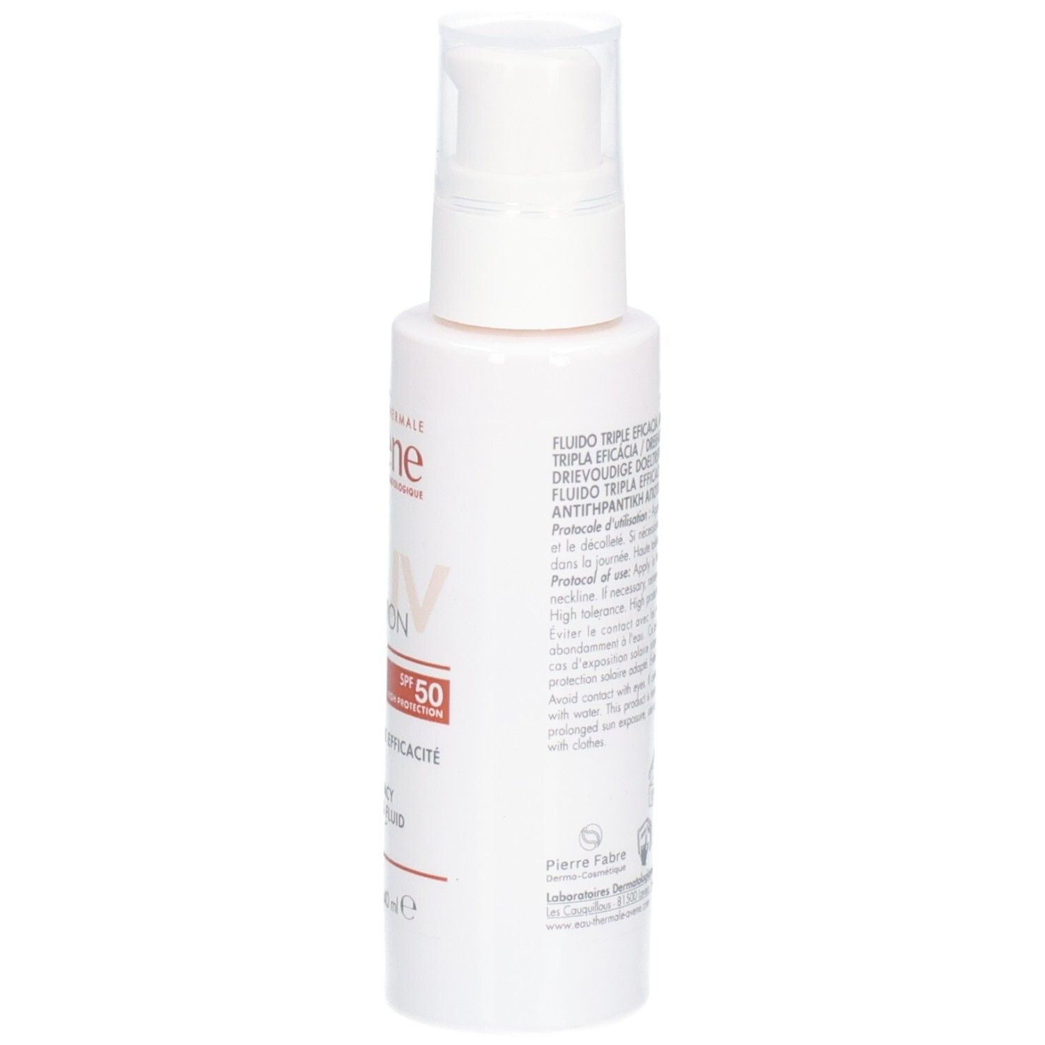 Weiße Flasche mit Pumpverschluss. Text: UV Protection SPF 50. Aufdruck: Avène, Hyaluron Activ.