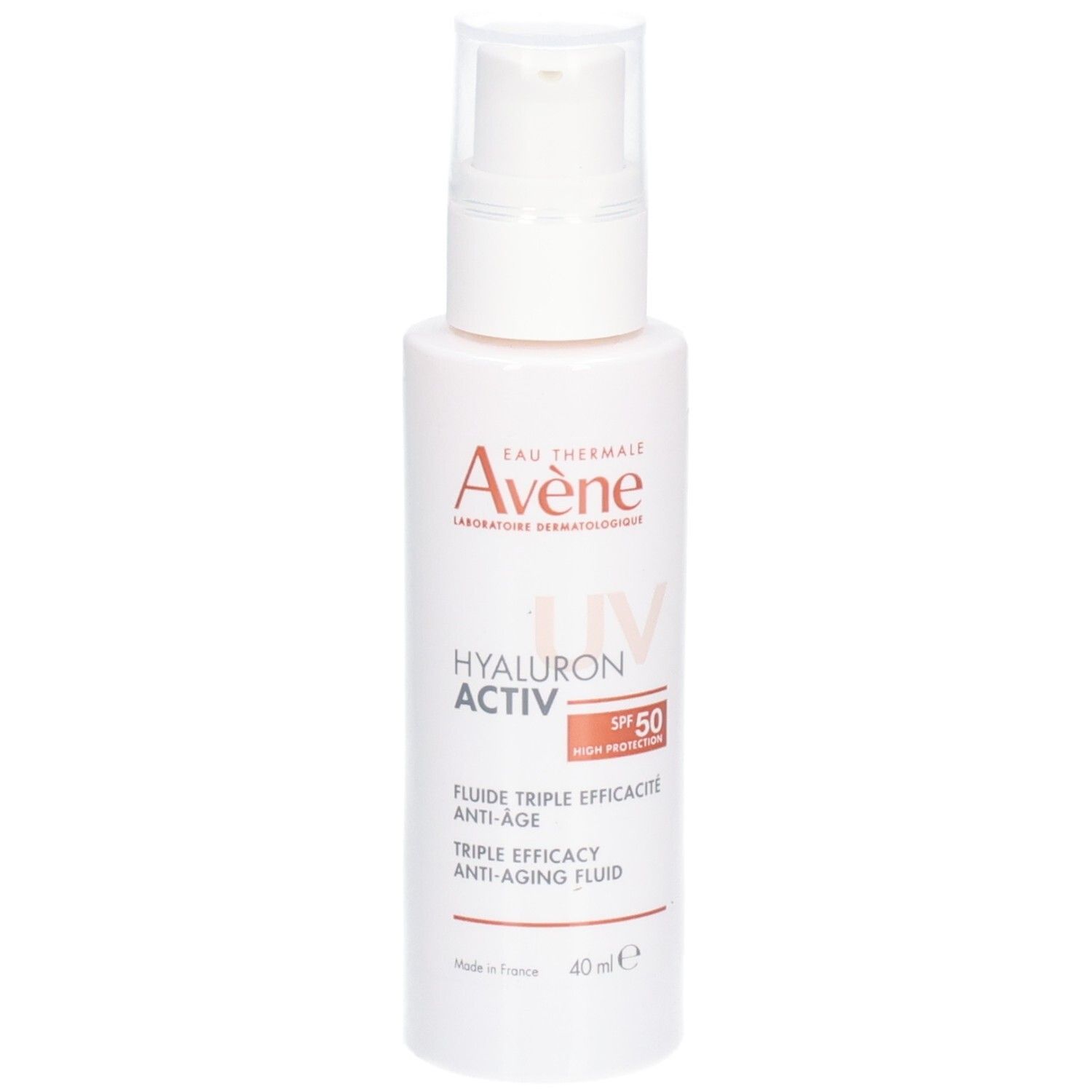 Weiße Flasche mit Pumpverschluss. Aufdruck: Avène, Hyaluron Activ UV, SPF 50, 40 ml.