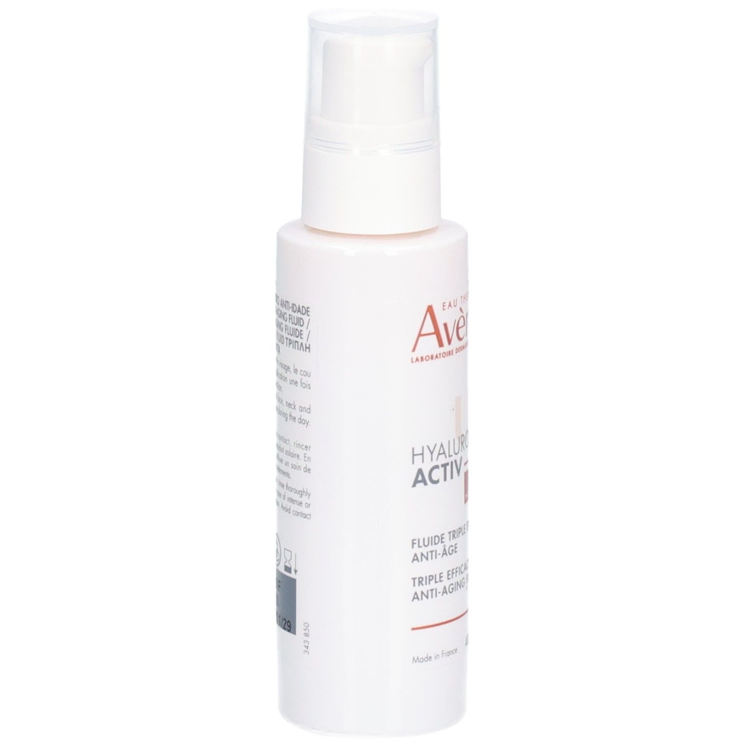 Weiße Flasche mit Pumpverschluss. Text: Anti-Aging Fluid. Aufdruck: Avène, Hyaluron Activ UV.