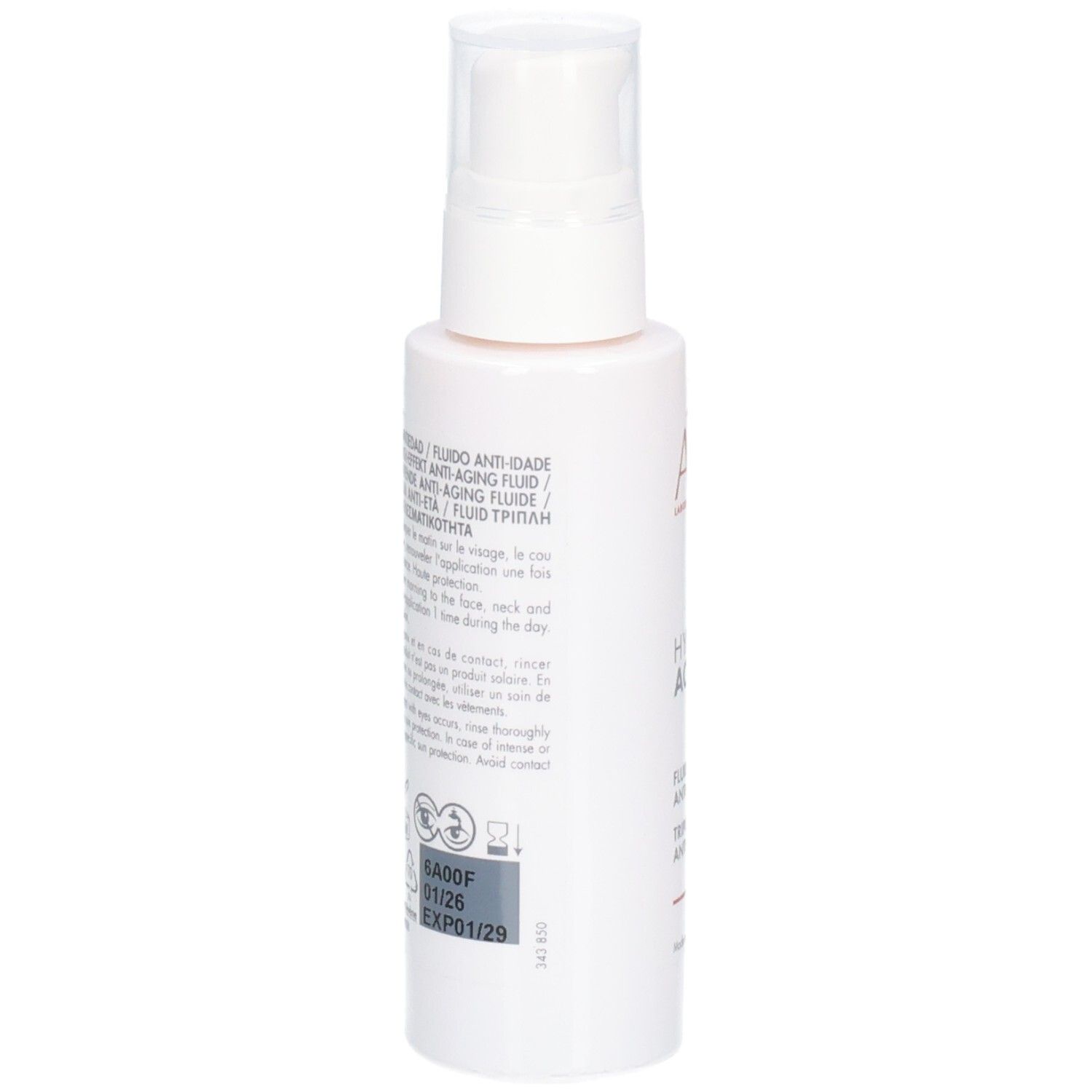 Rückseite der weißen Flasche. Text in mehreren Sprachen. Aufdruck: Produktionsdatum, Haltbarkeit.