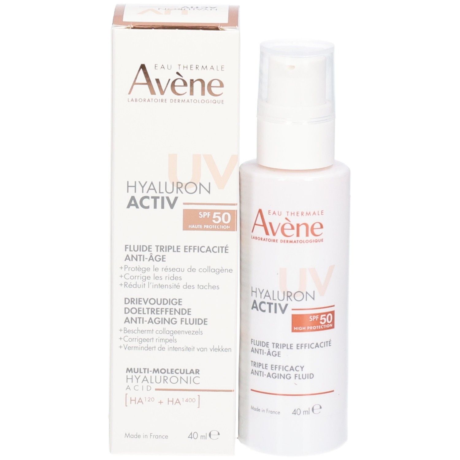 Produktverpackung und Flasche. Aufdruck: Avène, Hyaluron Activ UV, SPF 50, 40 ml.