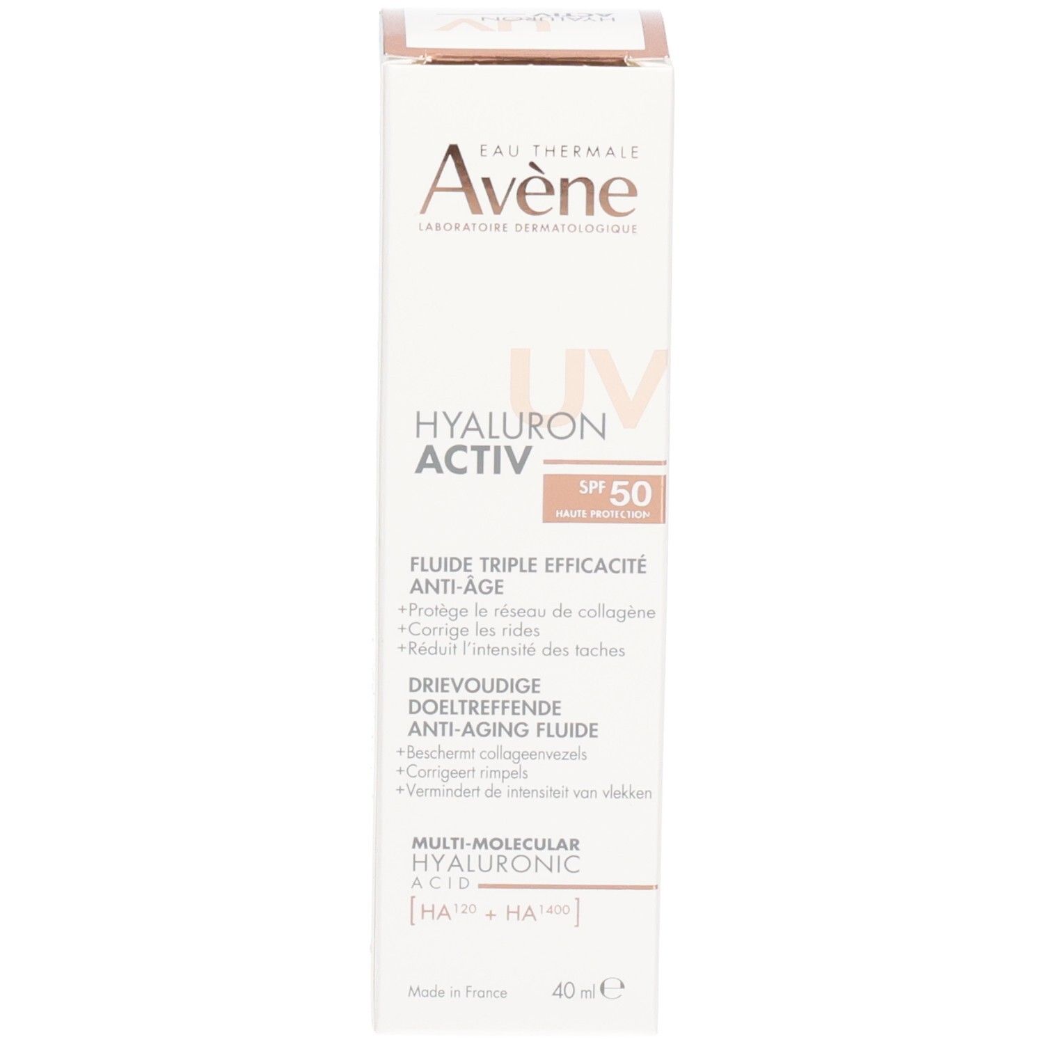 Produktverpackung. Aufdruck: Avène, Hyaluron Activ UV, SPF 50, 40 ml.