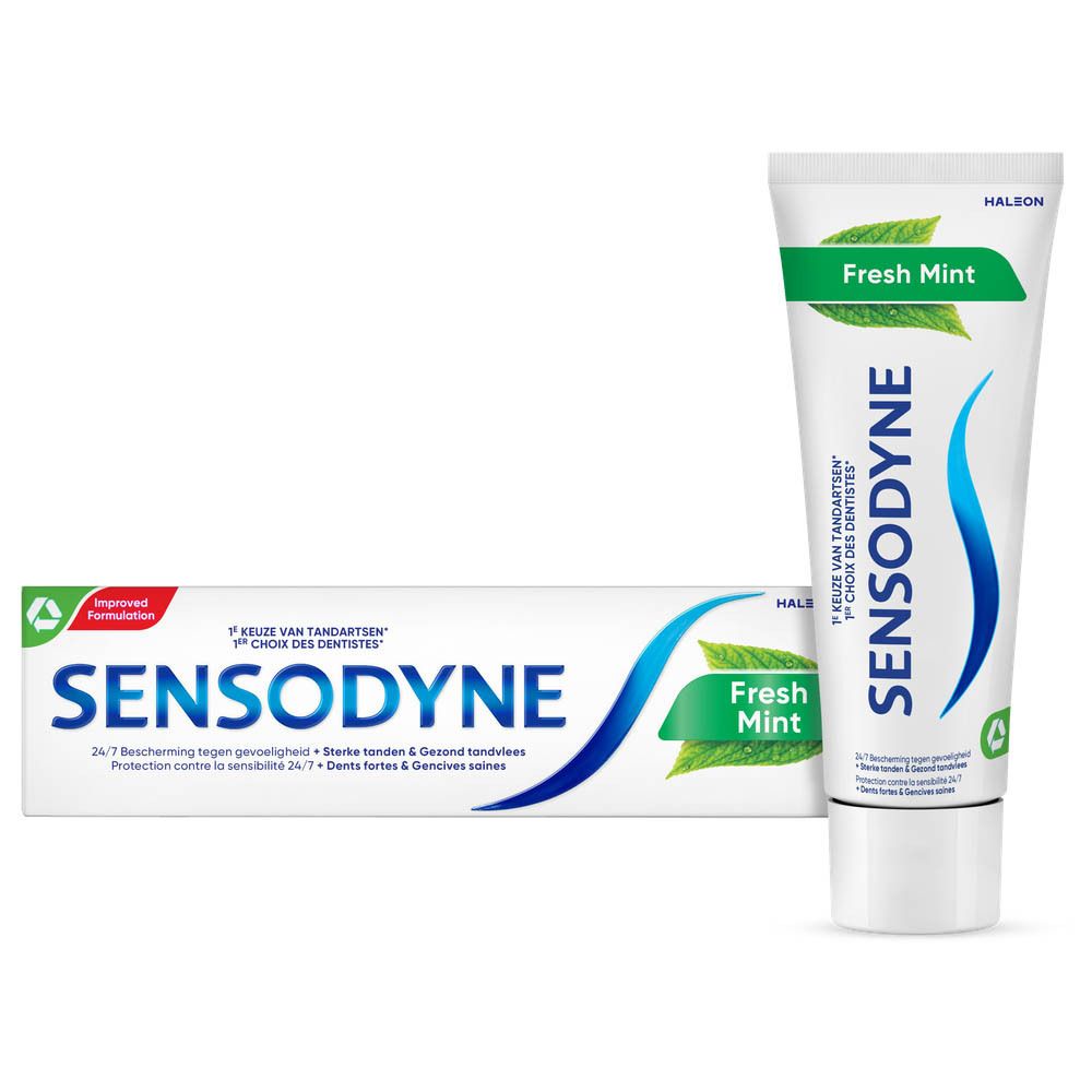 Sensodyne Frische Minze Zahnpasta-Tube und Verpackung. Weiße Tube und Karton mit blauem Logo und grünem Akzent.