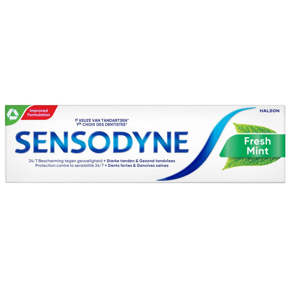 Sensodyne Frische Minze Zahnpasta-Tube. Weiße Tube mit blauem Logo und grünem Akzent. Text: Fresh Mint.