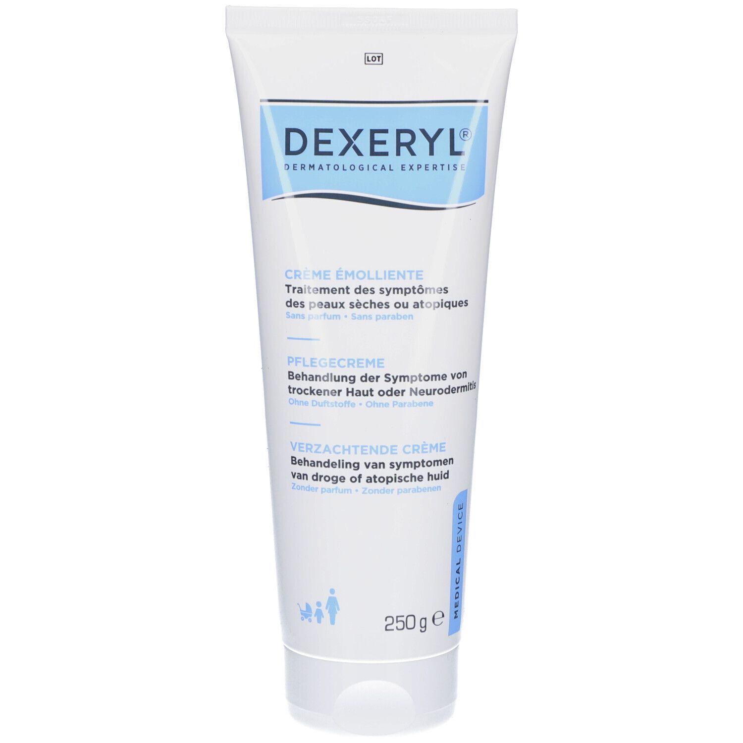 Creme-Tube mit Produktnamen und Text. 250g. Medizinprodukt.