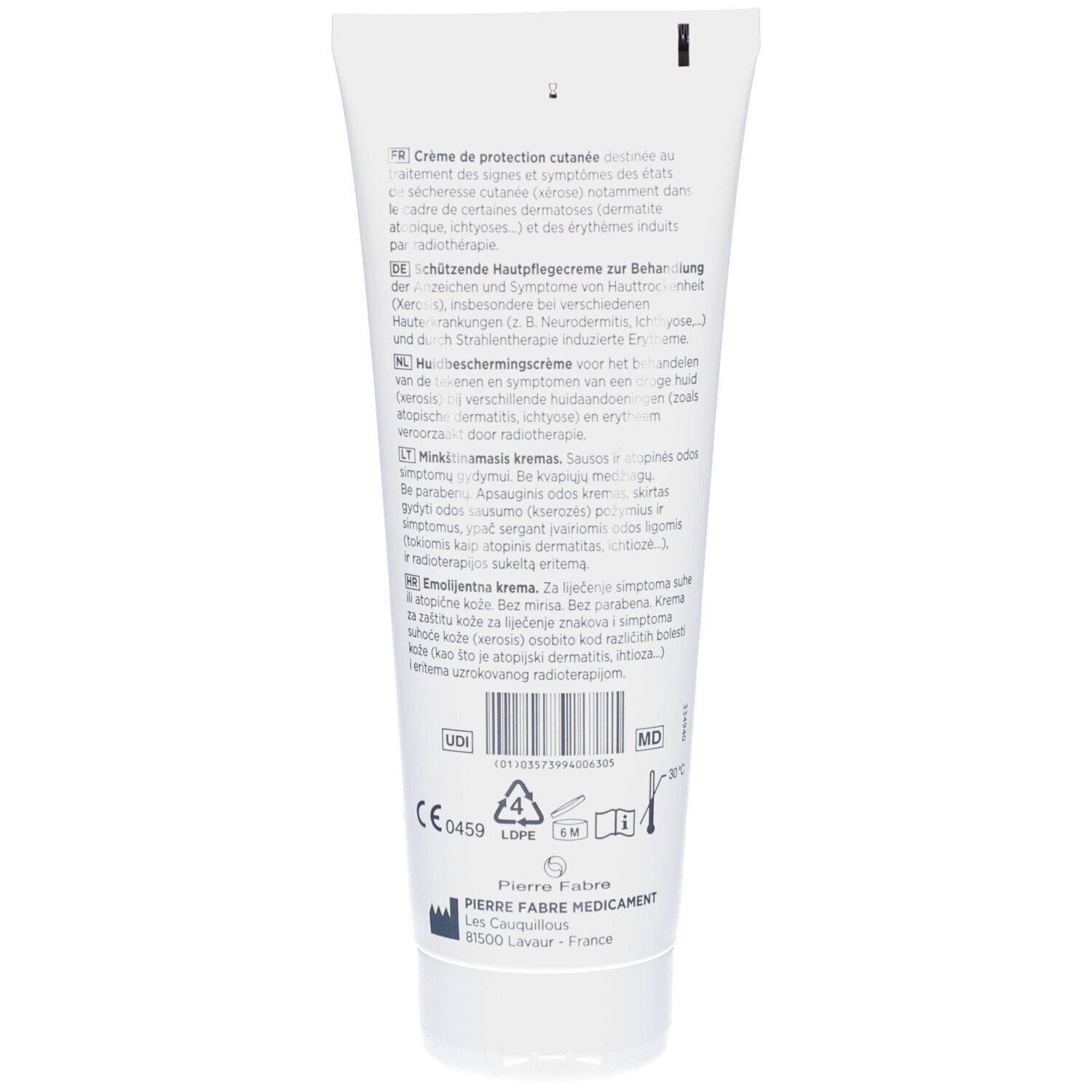 Rückseite der Creme-Tube mit Text und Informationen. Medizinprodukt.