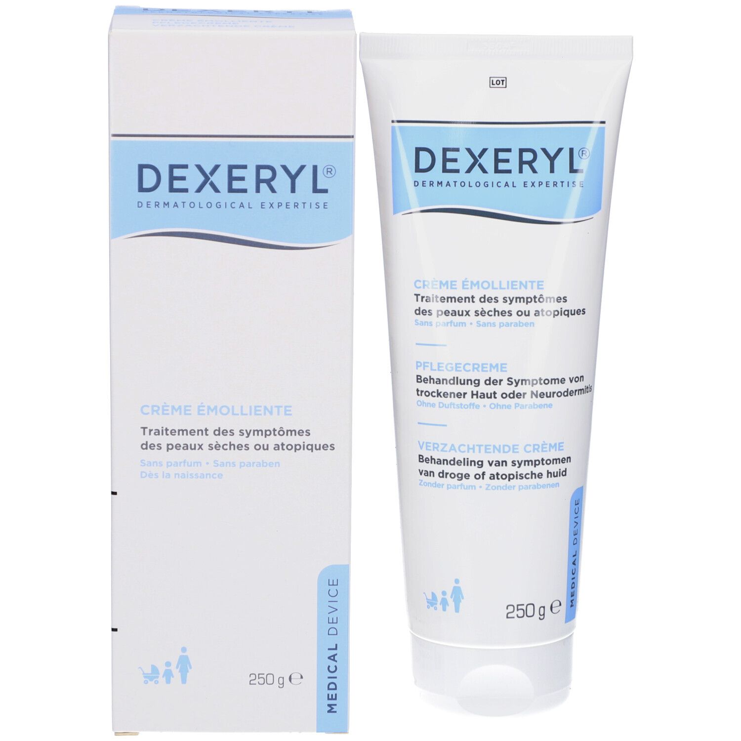 Produktverpackung mit Creme-Tube und Karton. 250g. Medizinprodukt.