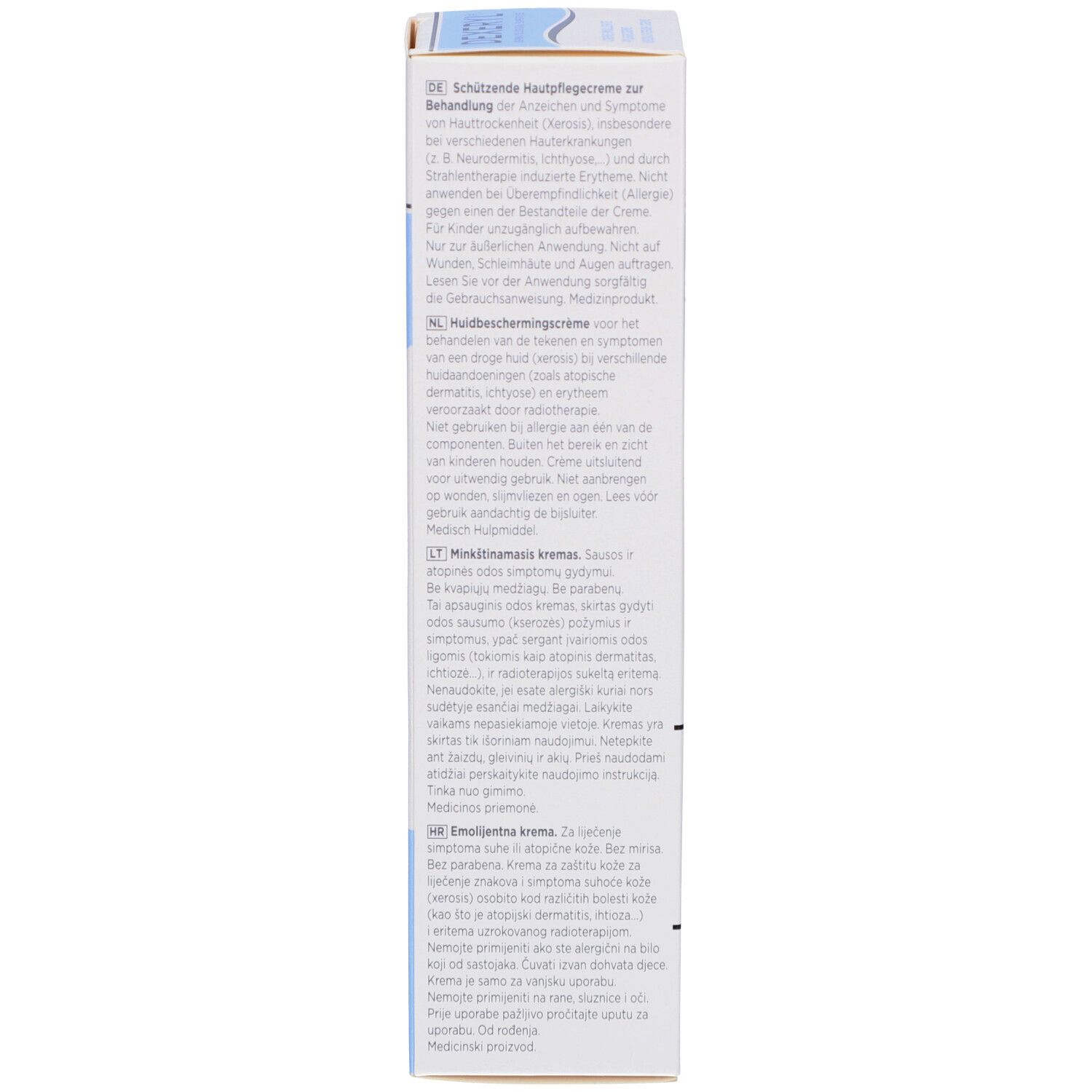 Rückseite der Produktverpackung mit Text und Informationen. Medizinprodukt.