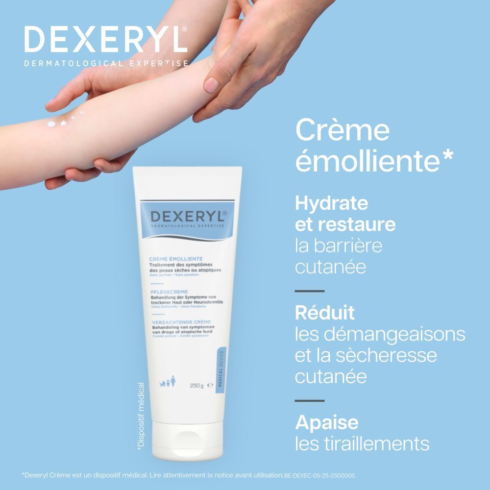 Visuel publicitaire avec tube de crème et texte. Dispositif médical.