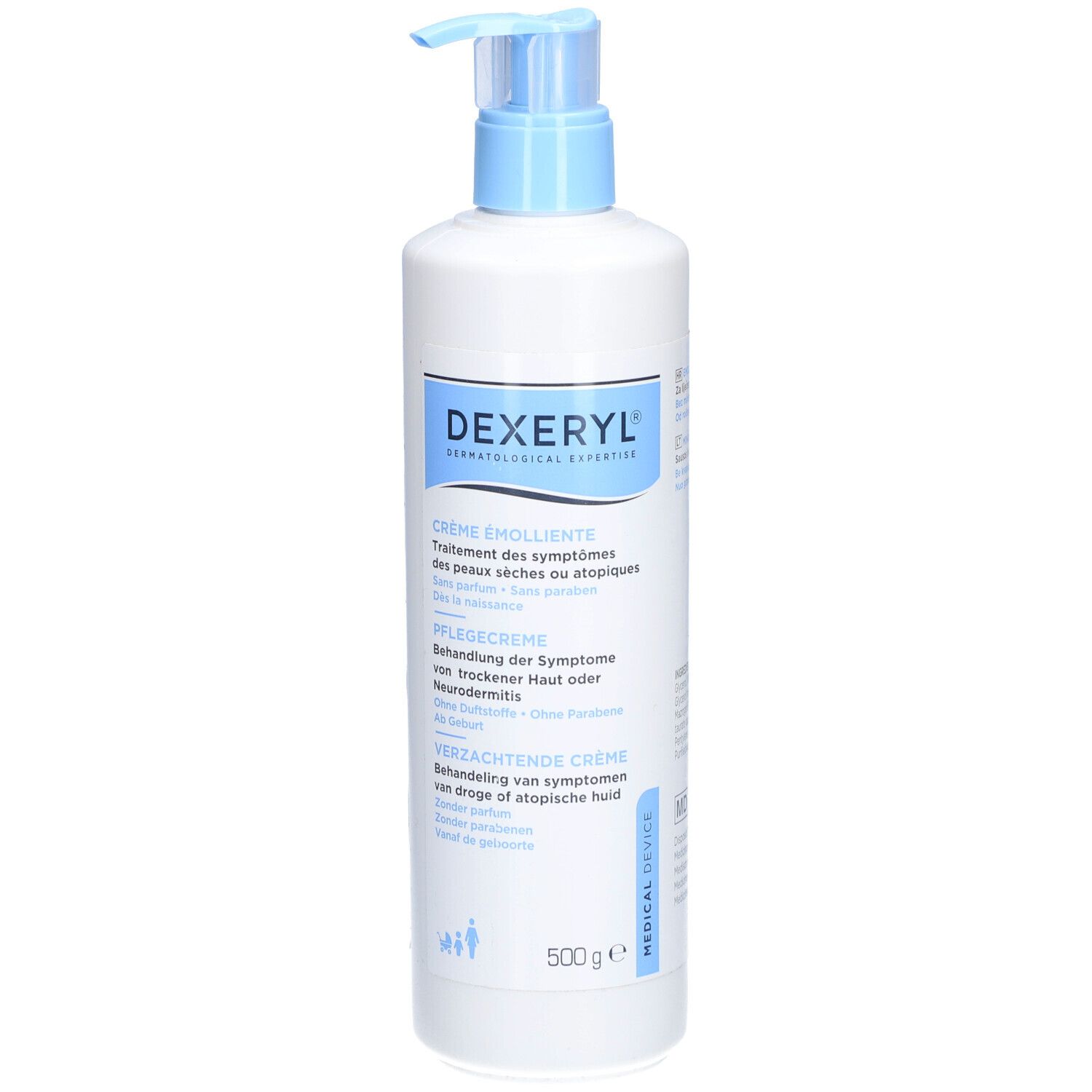 Weiße Flasche mit blauem Pumpkopf. Aufschrift: DEXERYL, Crème émolliente. Medizinprodukt.