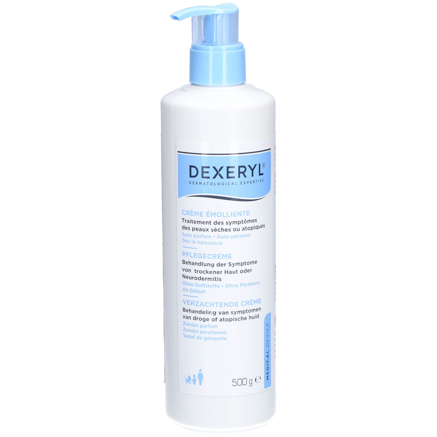 Weiße Flasche mit blauem Pumpkopf. Aufschrift: DEXERYL, Crème émolliente. Medizinprodukt.