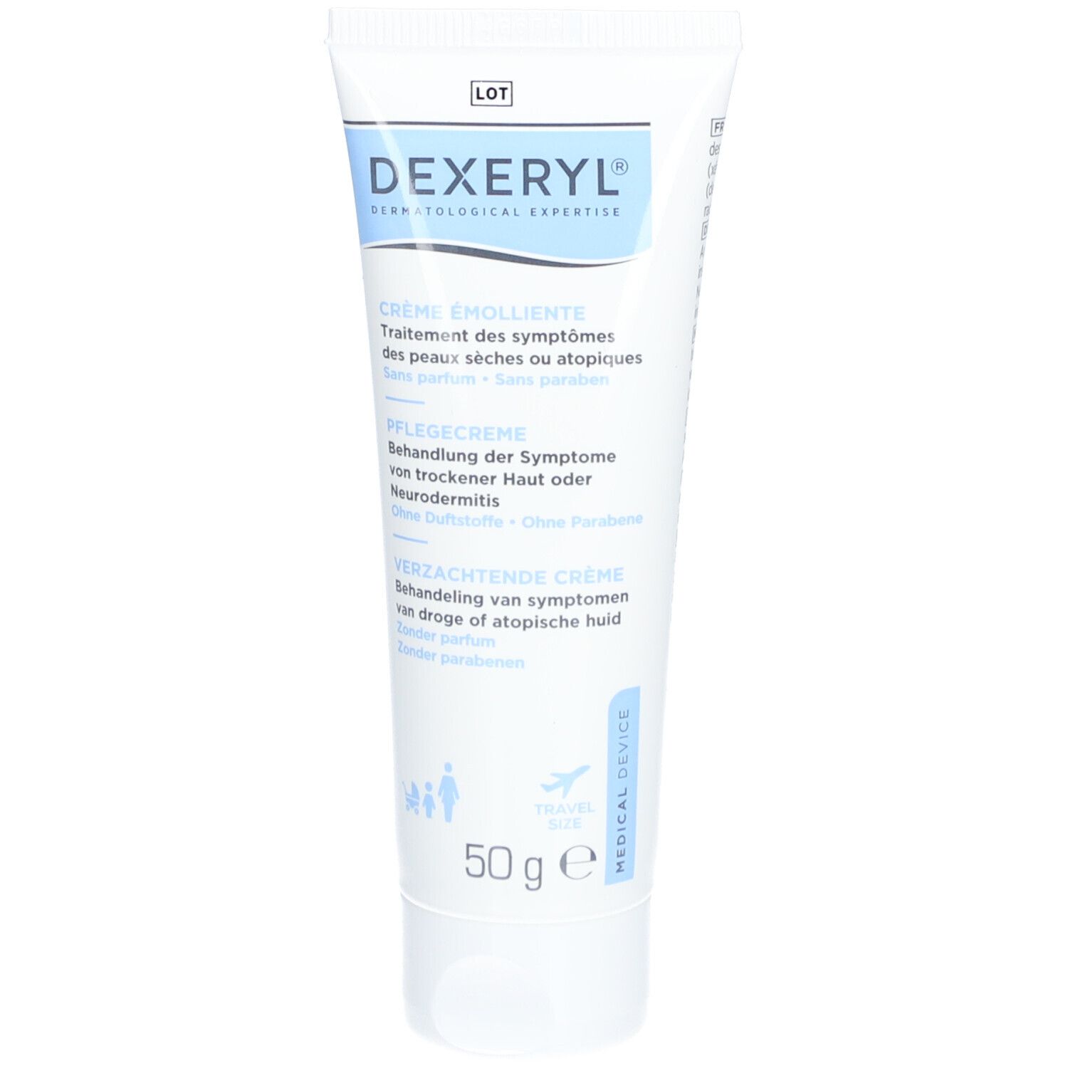 Dexeryl Creme Tube. Weiße Tube mit blauer Beschriftung. 50g. Medizinprodukt.