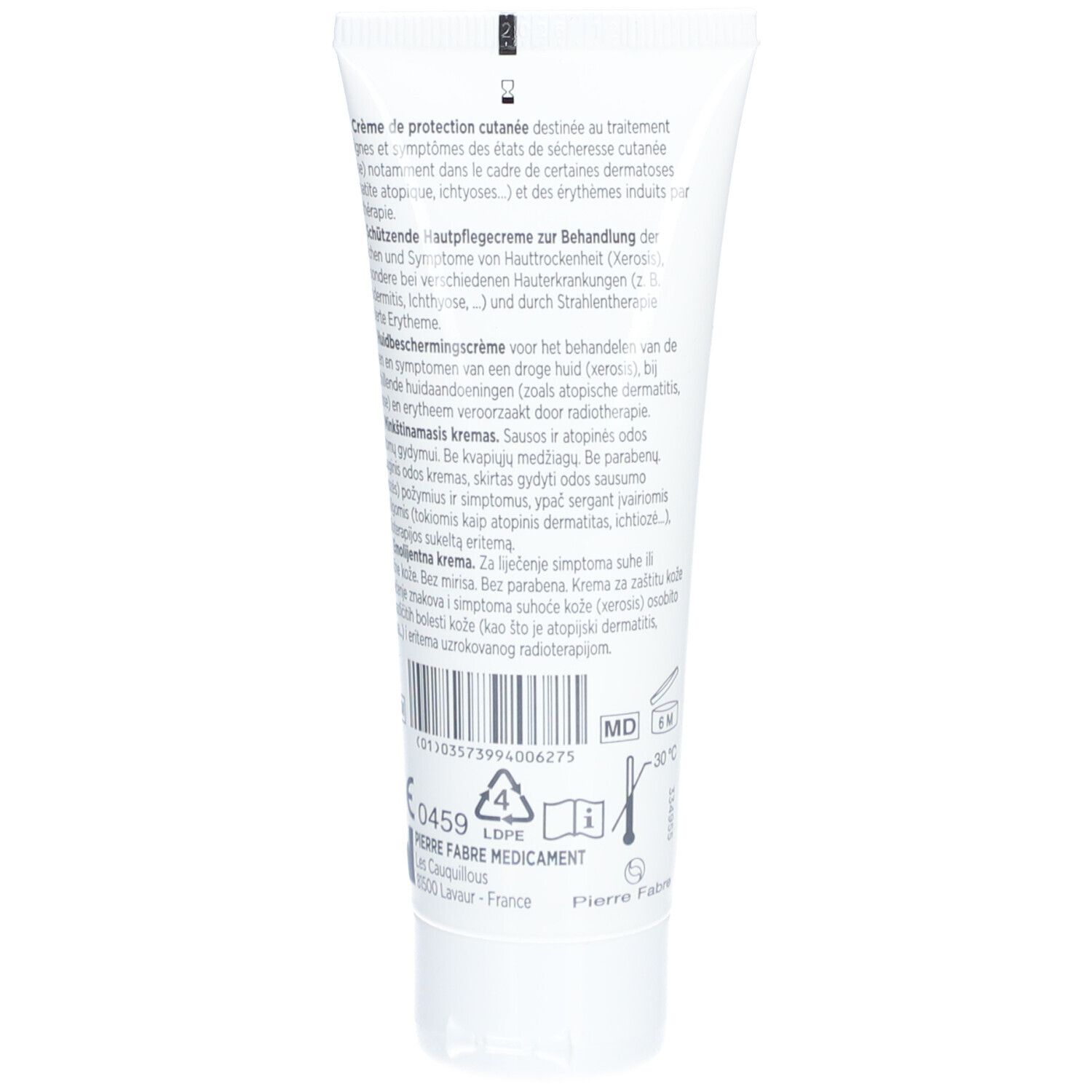 Rückseite der Dexeryl Creme Tube. Text in mehreren Sprachen. Medizinprodukt.
