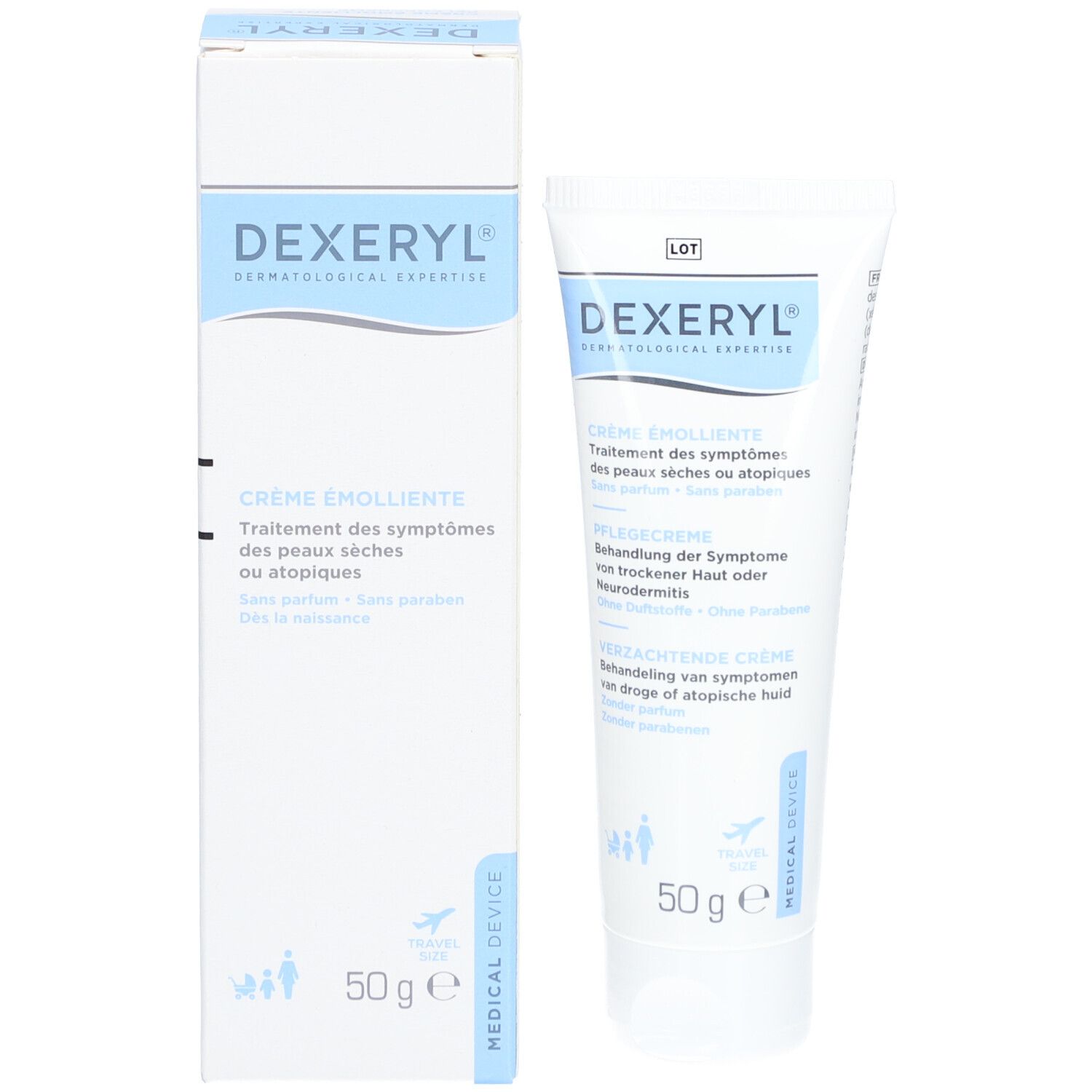 Dexeryl Creme und Schachtel. Tube und Schachtel mit blauer Beschriftung. 50g.