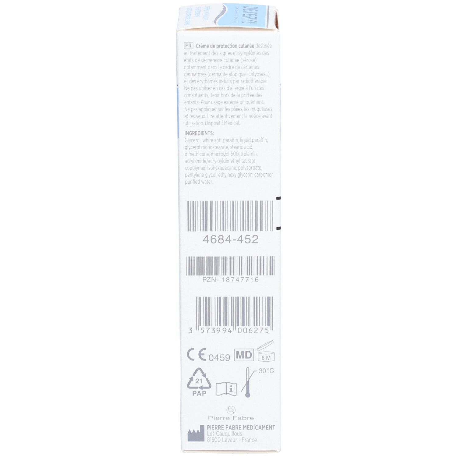 Rückseite der Dexeryl Creme Schachtel. Text in mehreren Sprachen. 50g.