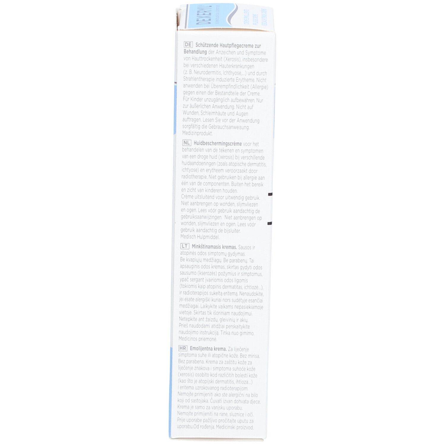 Rückseite der Dexeryl Creme Schachtel. Text in mehreren Sprachen. 50g.